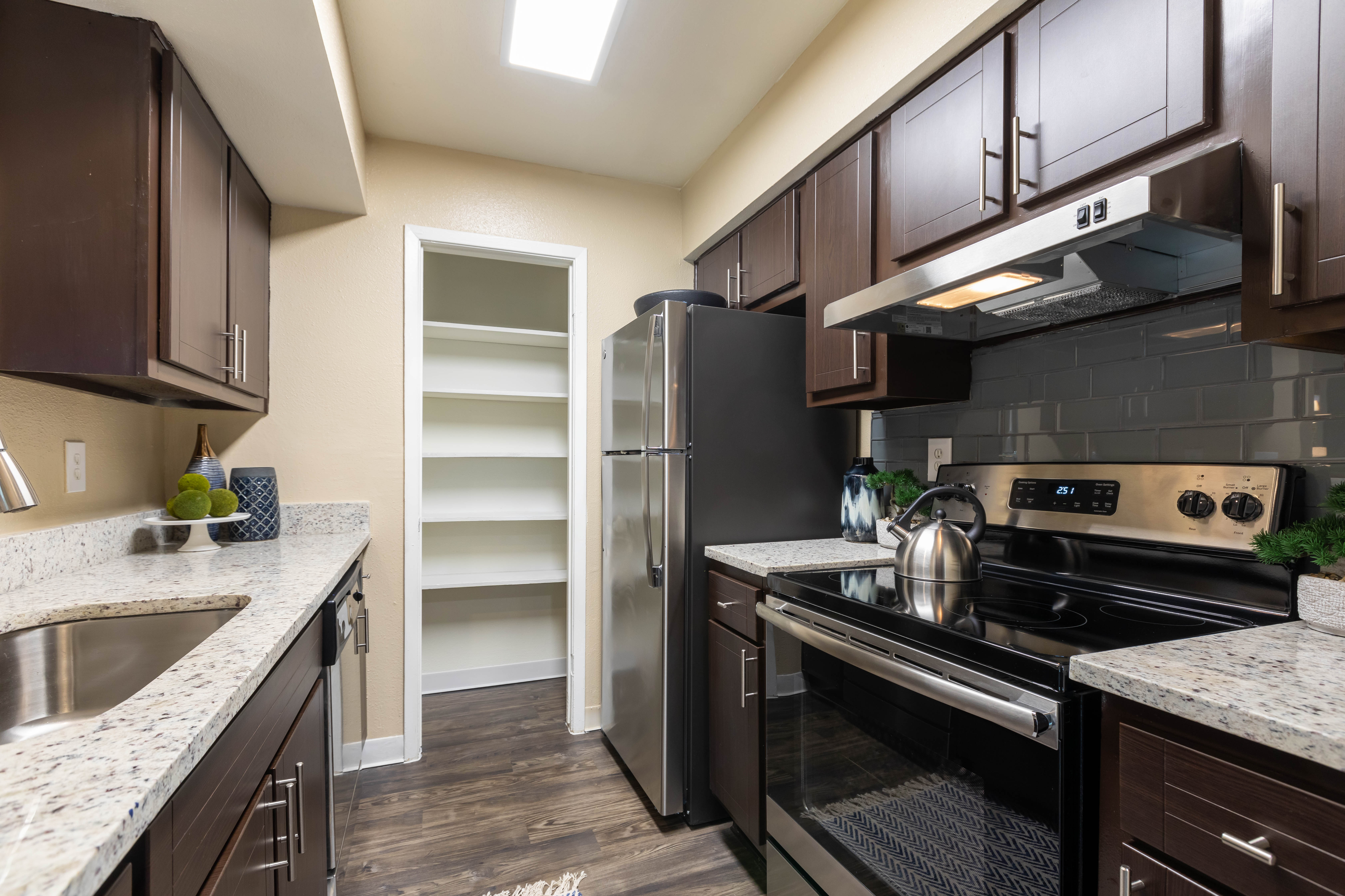 An updated kitchen in an apartment at Finley West in Houston, Texas
