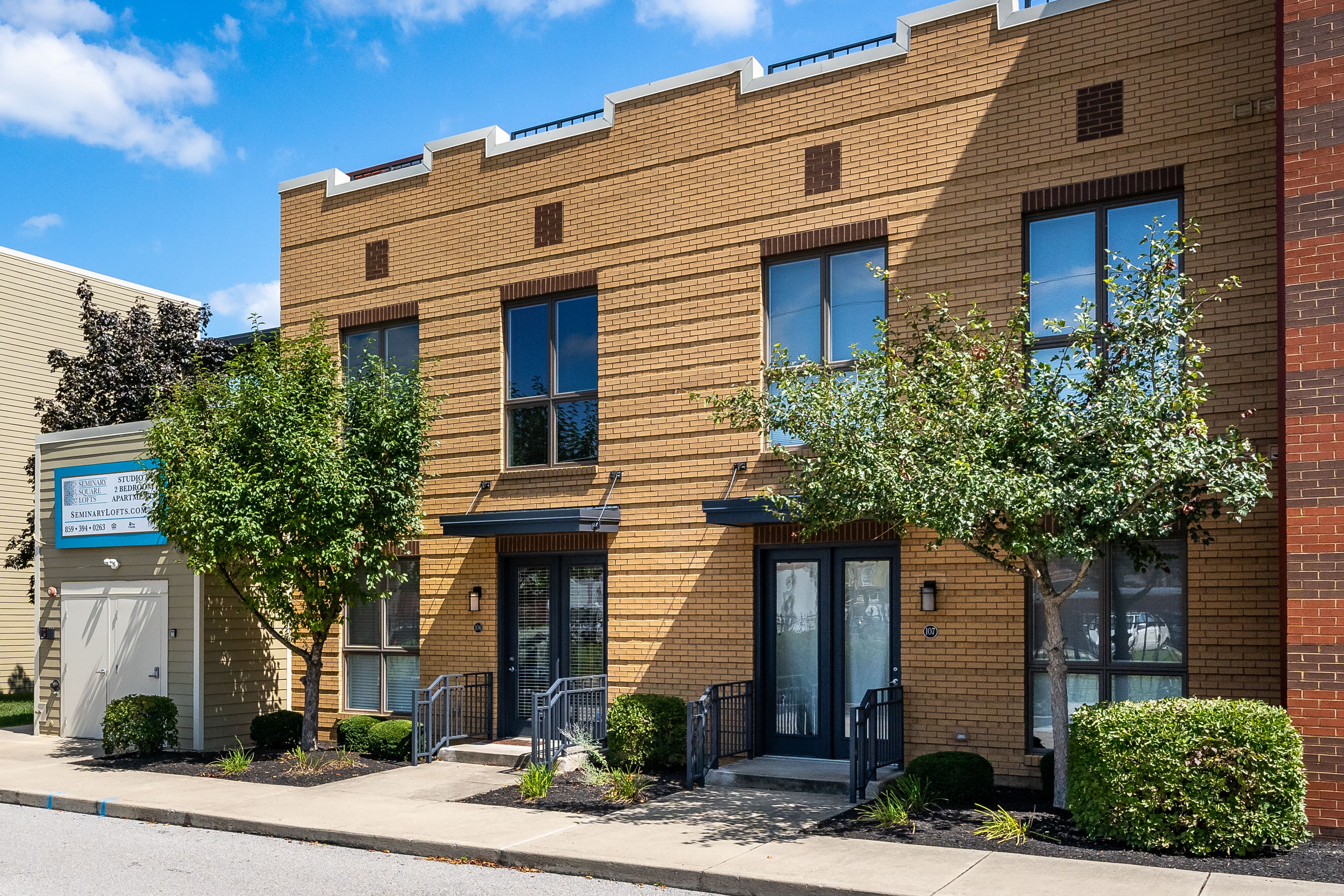 Front of the building at Seminary Square Lofts in Covington, Kentucky