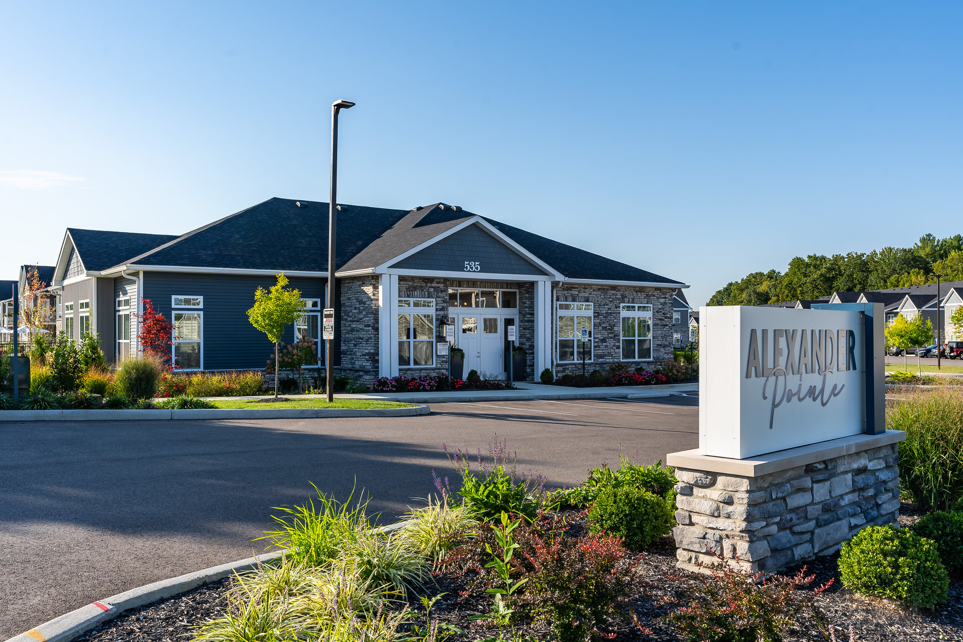 Exterior of leasing office at Alexander Pointe Apartments in Maineville, Ohio