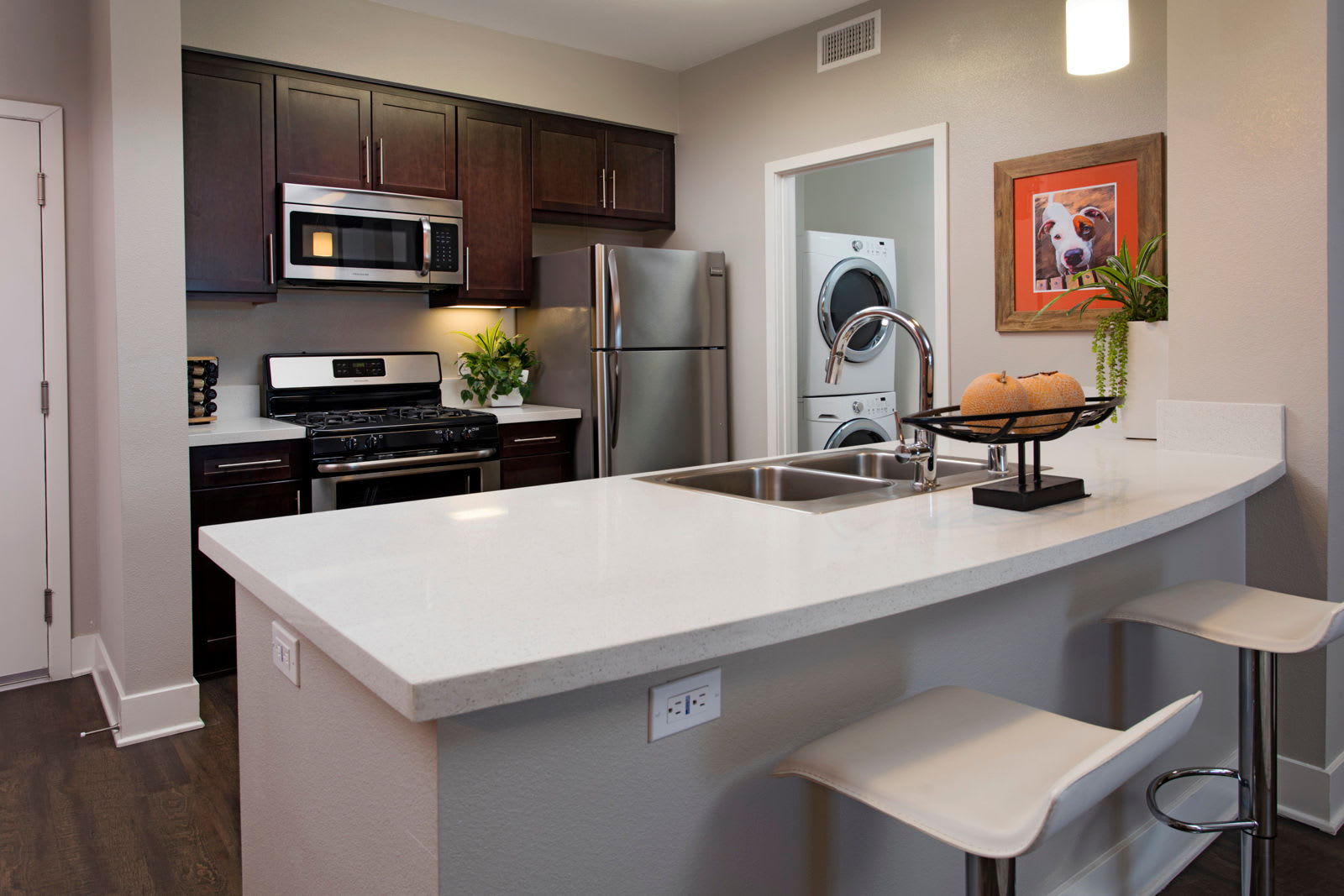Model kitchen with updated appliances at The Boulevard Apartment Homes in Woodland Hills, California