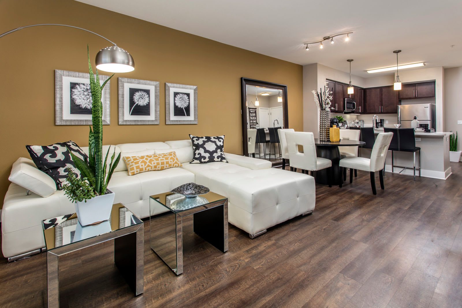 Open concept living room and kitchen at The Boulevard Apartment Homes in Woodland Hills, California