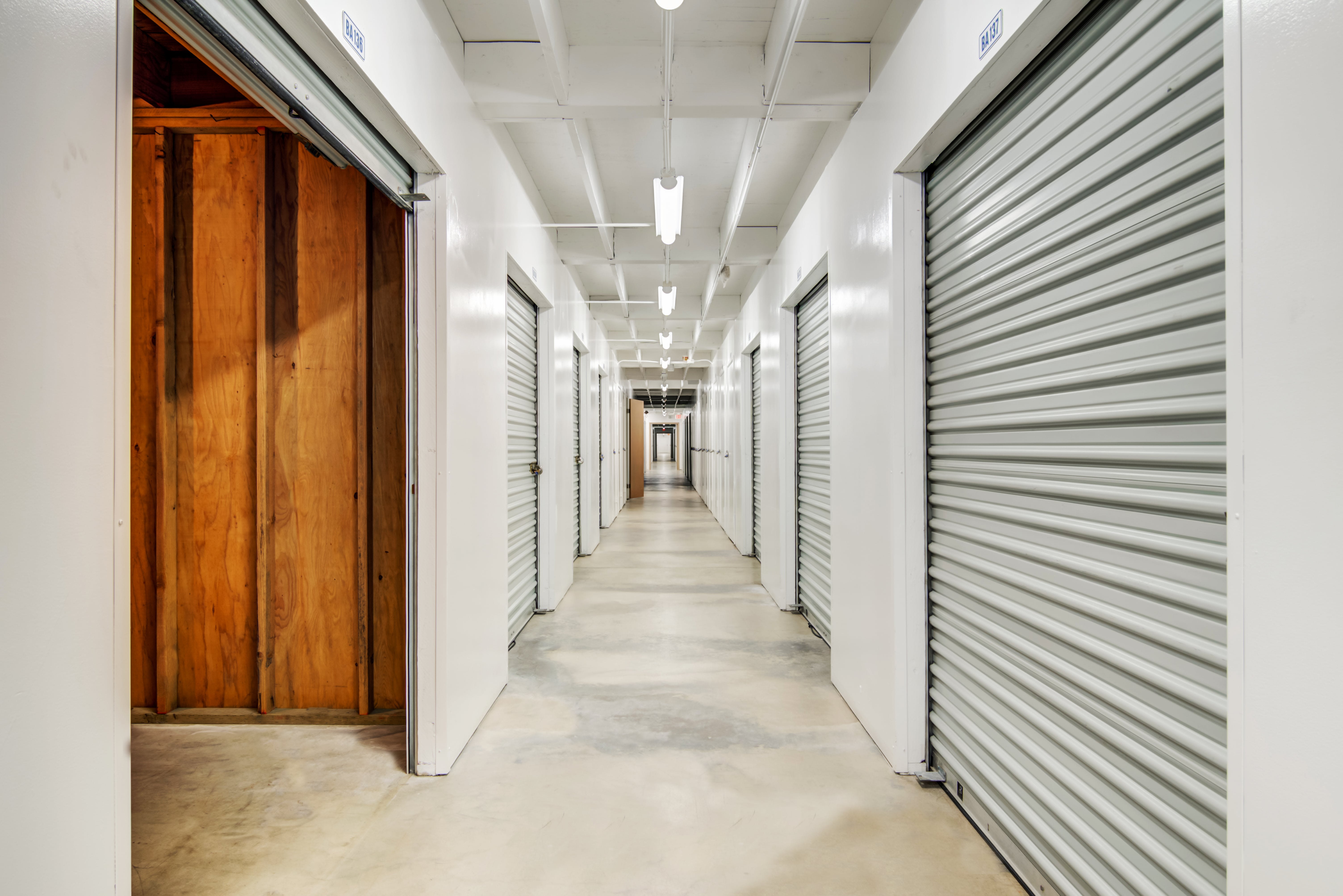 A hallway of storage units at Mira Mesa Self Storage in San Diego, CA