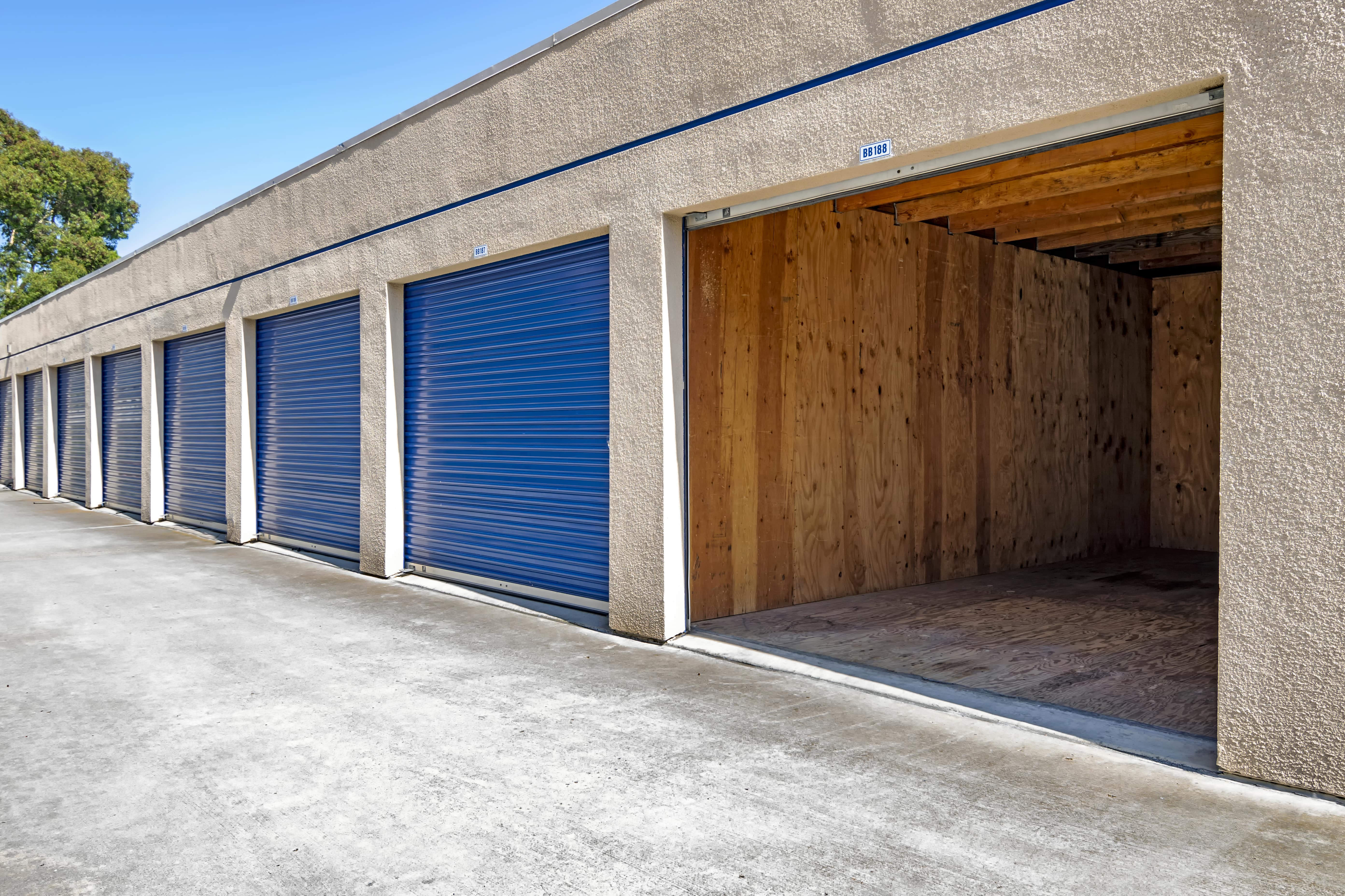 An open storage unit at Mira Mesa Self Storage in San Diego, CA