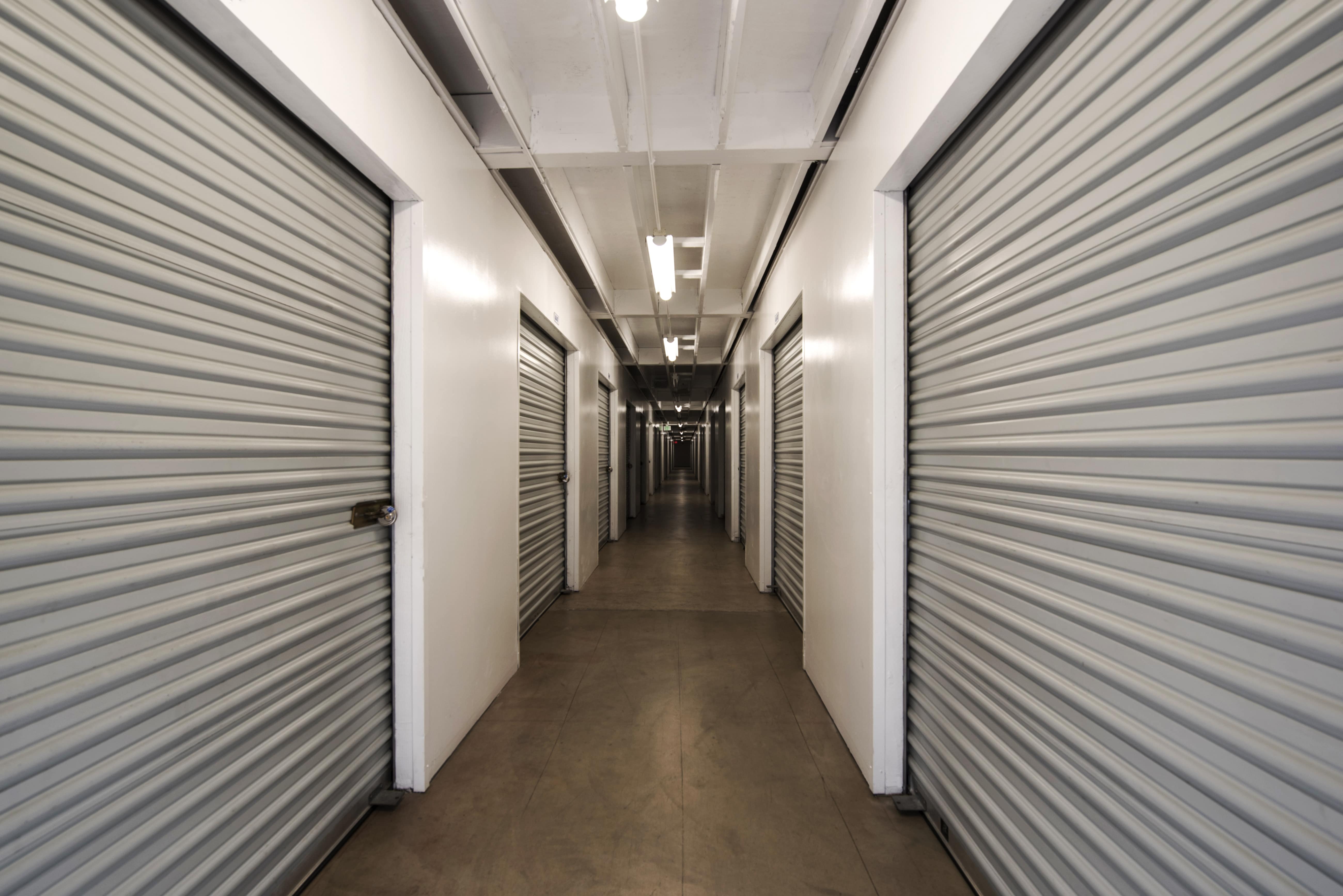 A hallway full of storage units Mira Mesa Self Storage in San Diego, CA