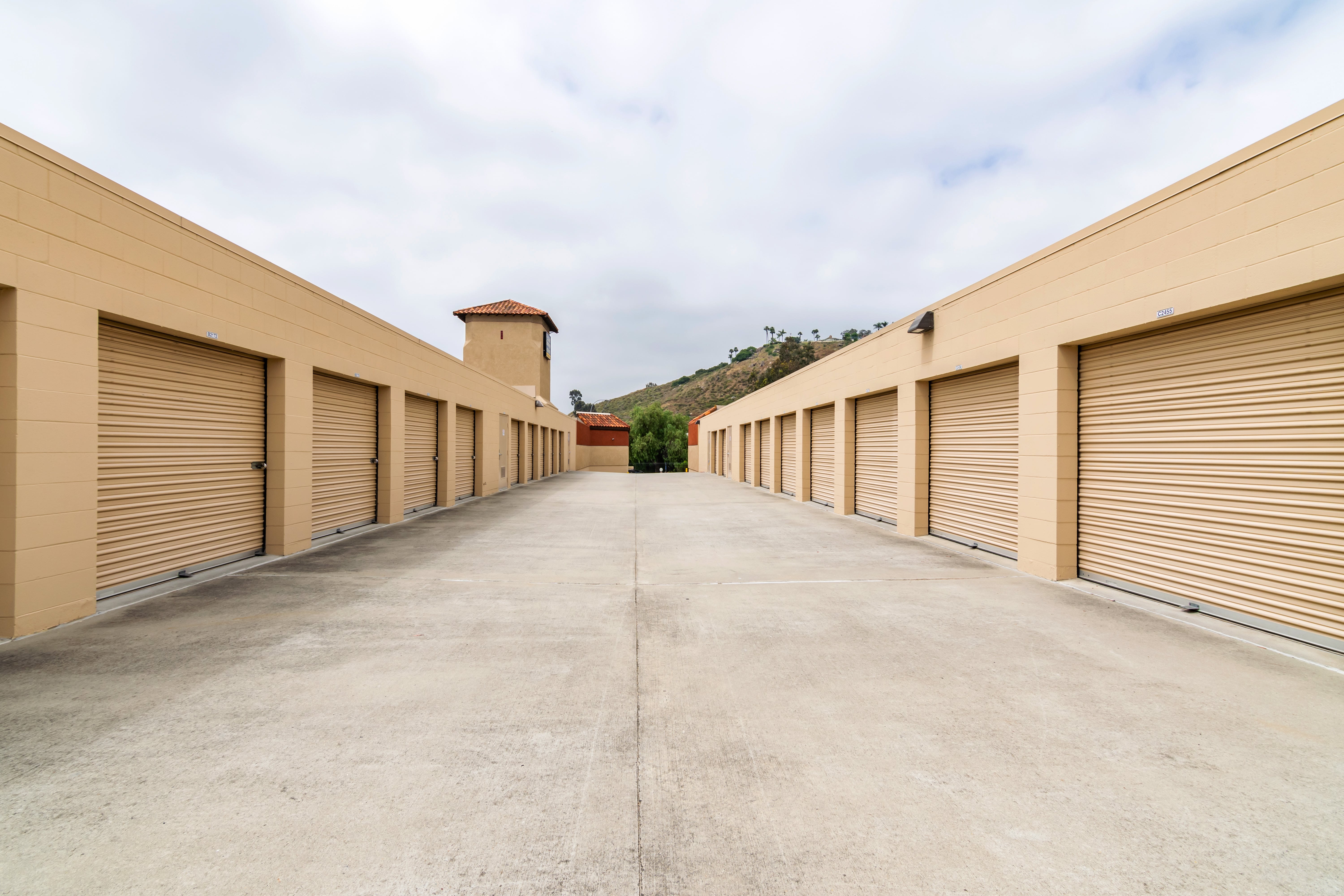 Wide aisle in front of storage units at North County Self Storage in Escondido, CA