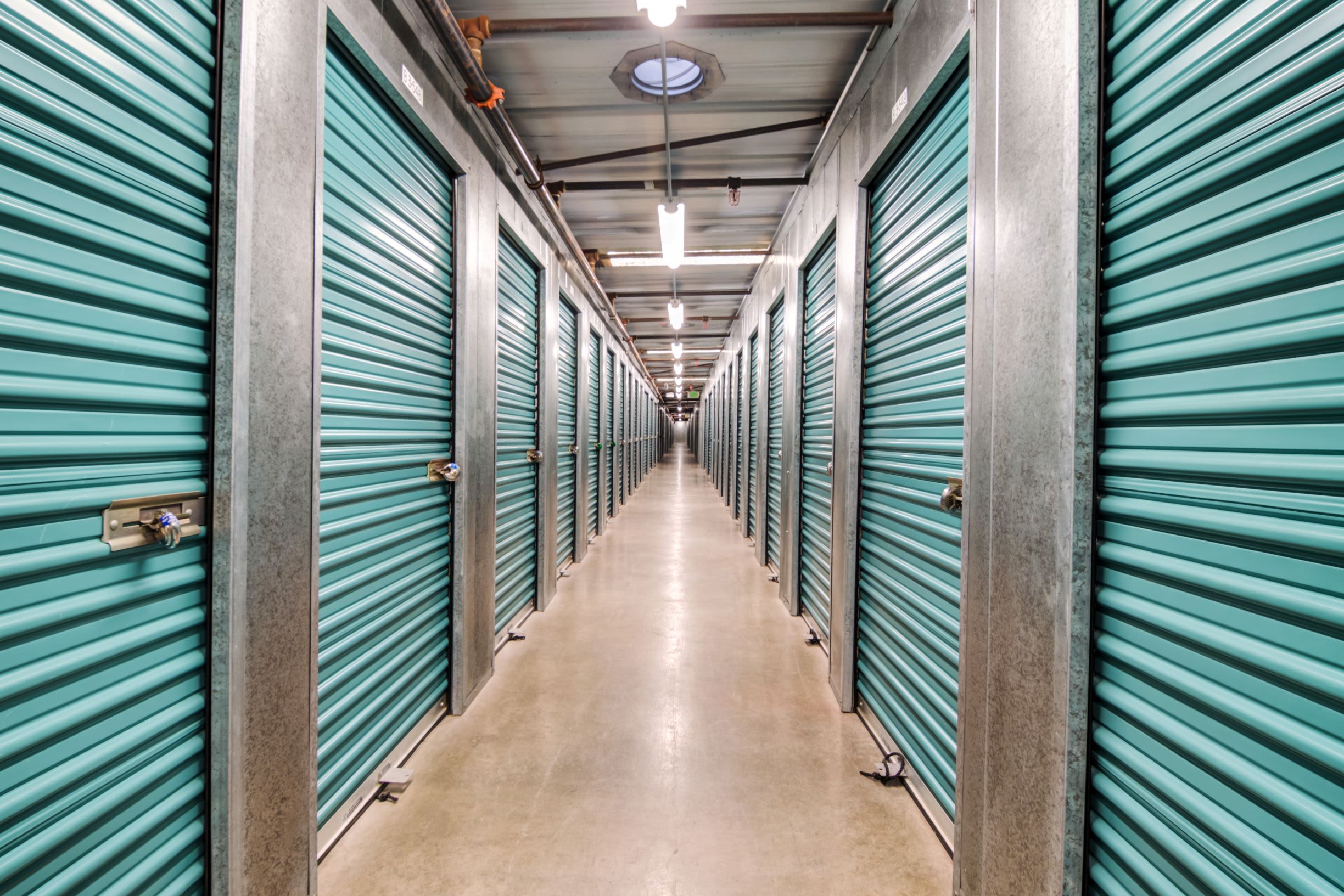 A row of interior storage units at Olivenhain Self Storage in Encinitas, CA