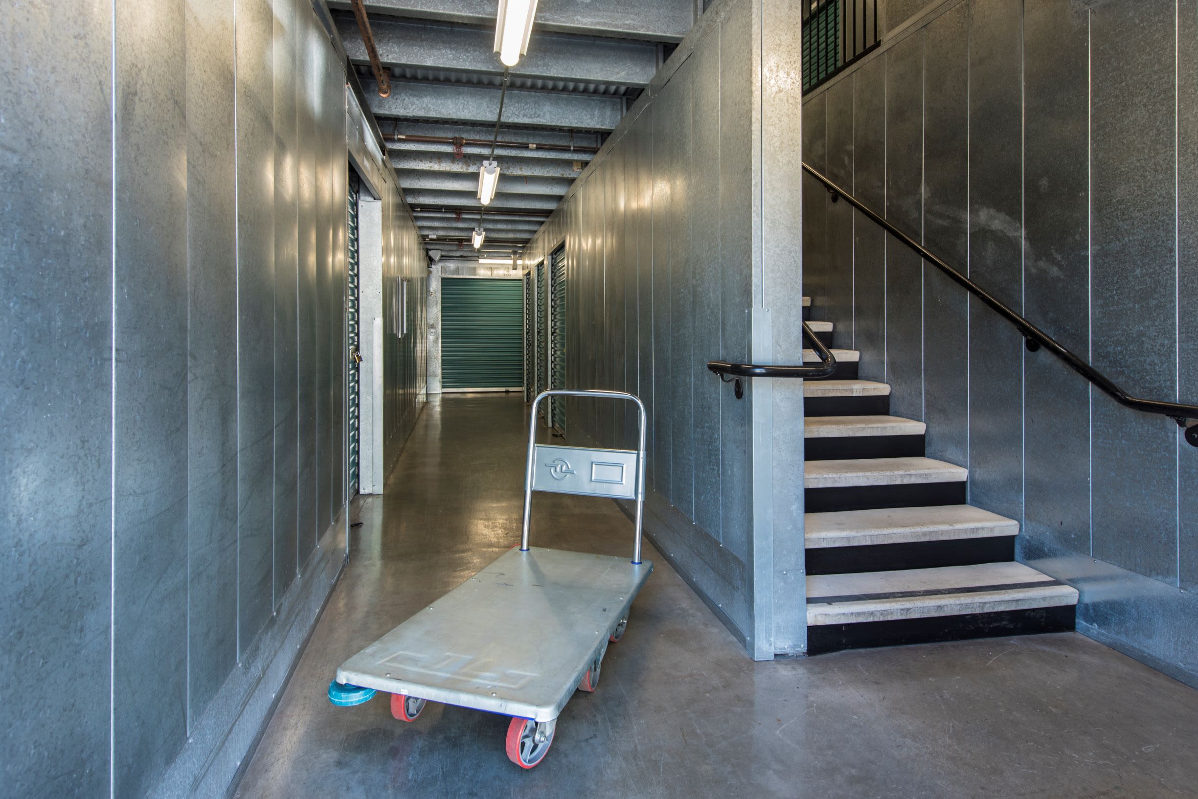 A hallway with a trolley at Olivenhain Self Storage in Encinitas, CA