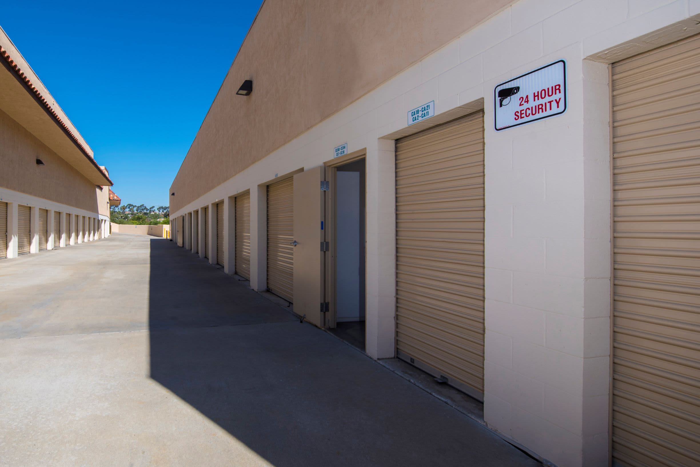 A row of outdoor storage units at Olivenhain Self Storage in Encinitas, CA
