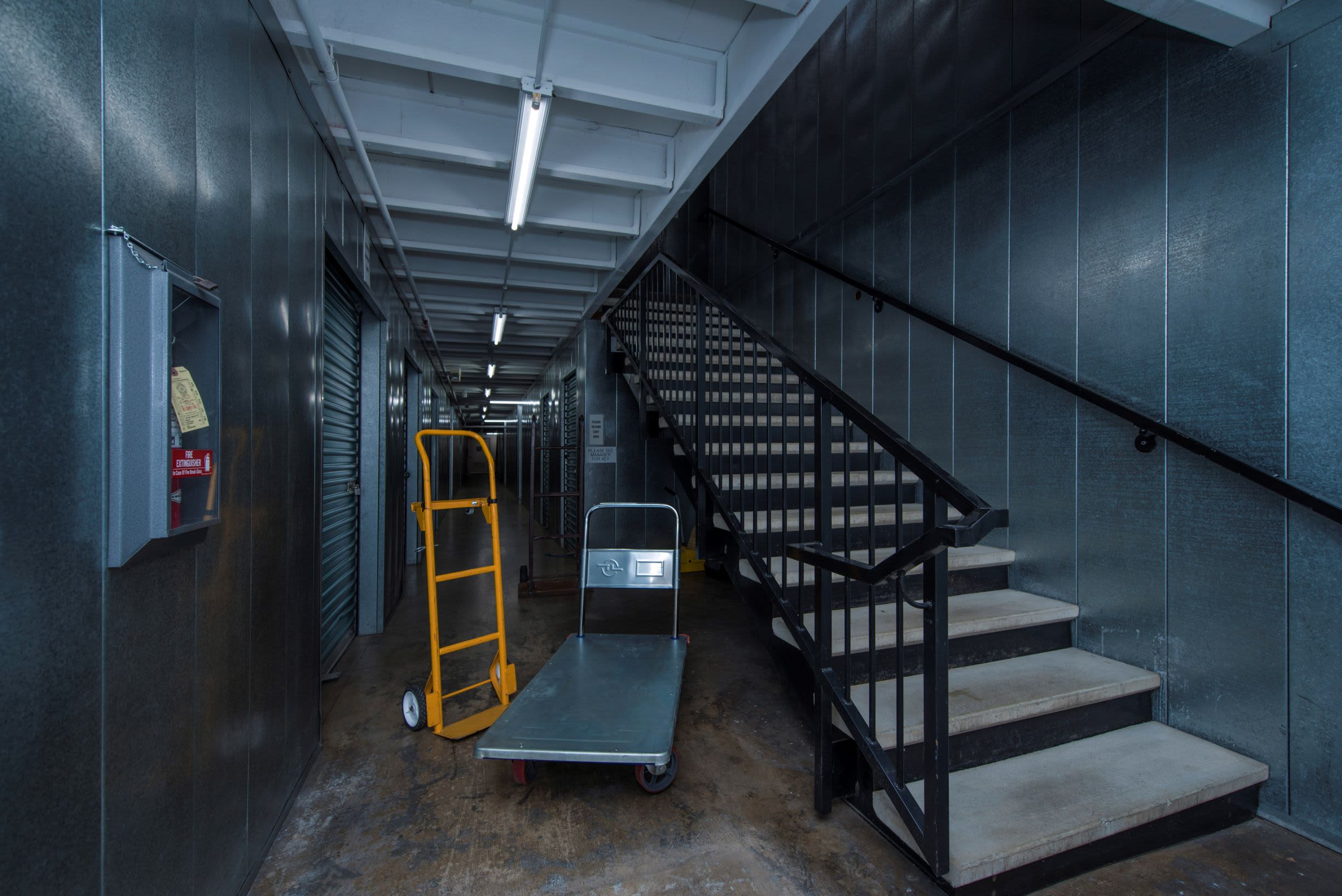 A stairwell and trolley at Poway Road Mini Storage in Poway, CA