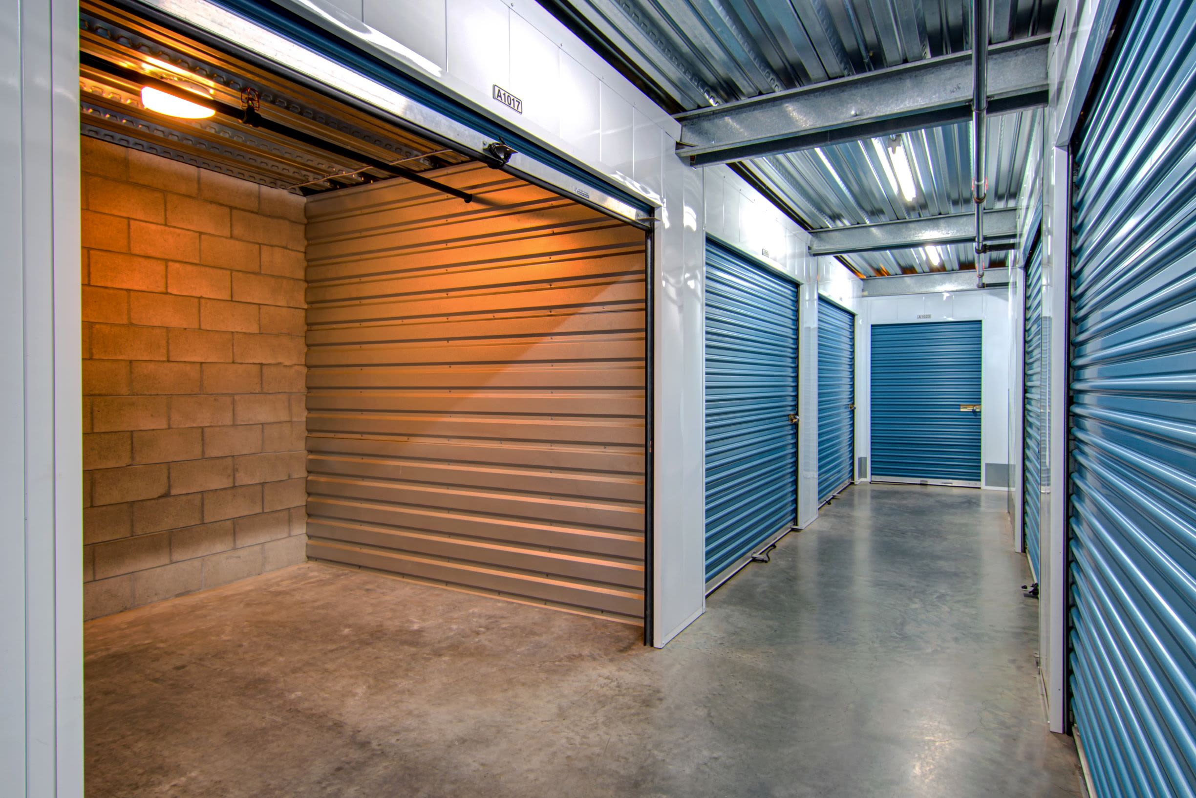 A hallway with open units at Smart Self Storage of Solana Beach in Solana Beach, CA