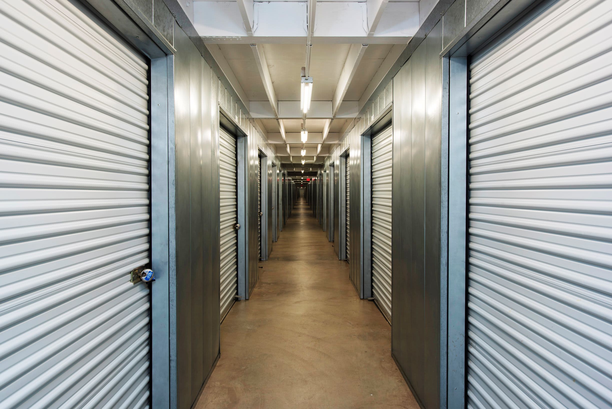 Storage units line a hallway at Sorrento Mesa Self Storage in San Diego, CA