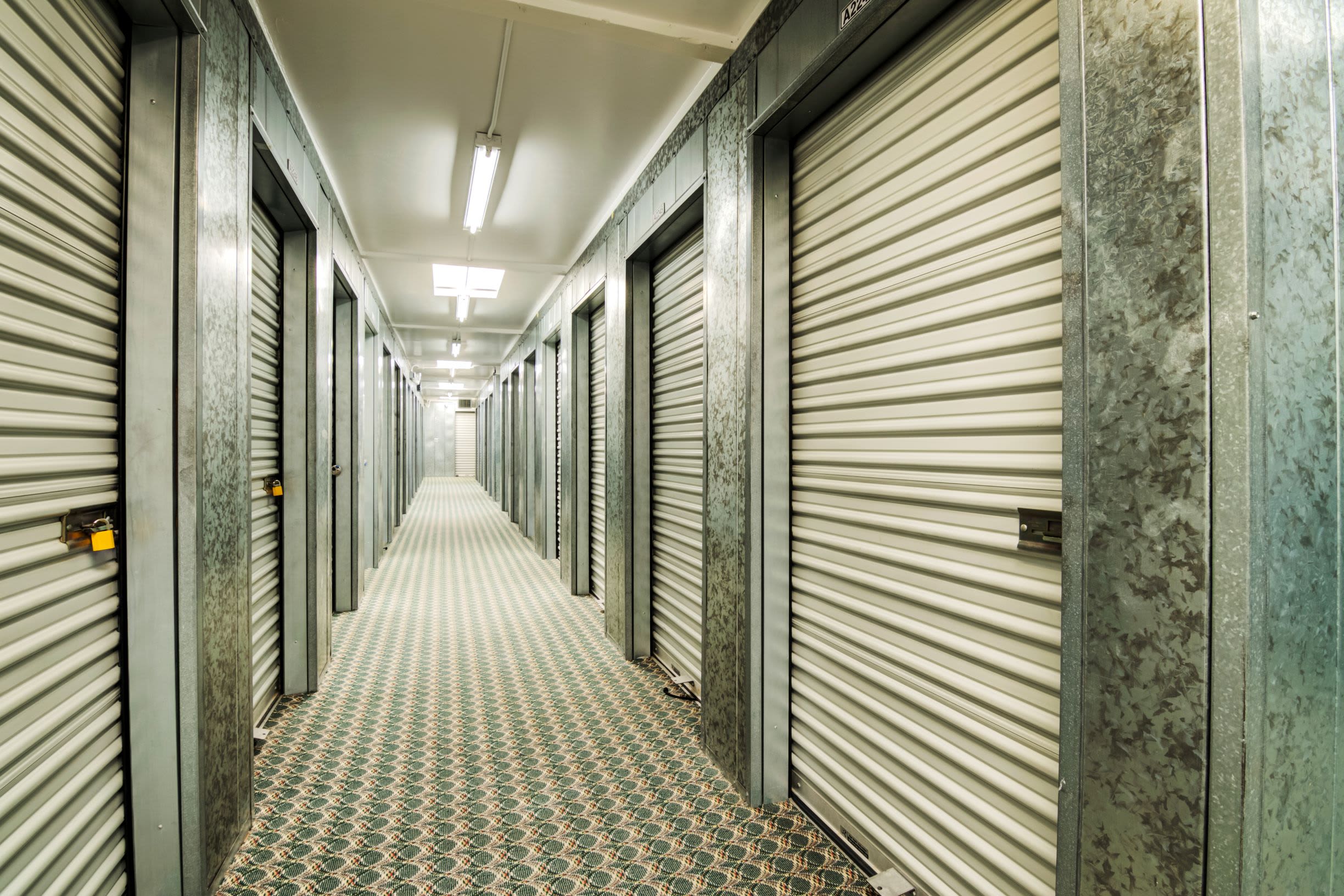 A hallway with storage units at Sorrento Mesa Self Storage in San Diego, CA
