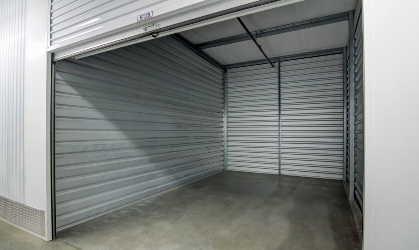 Inside of an indoor storage unit at Butterfield Ranch Self Storage in Temecula, CA