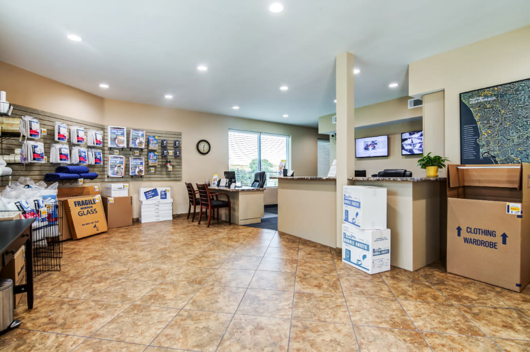 Interior office with packing supplies at Carlsbad Self Storage in Carlsbad, CA