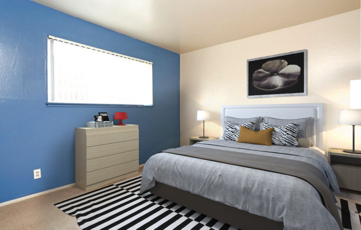Beautiful model bedroom at Coral Gardens Apartment Homes in Hayward, California