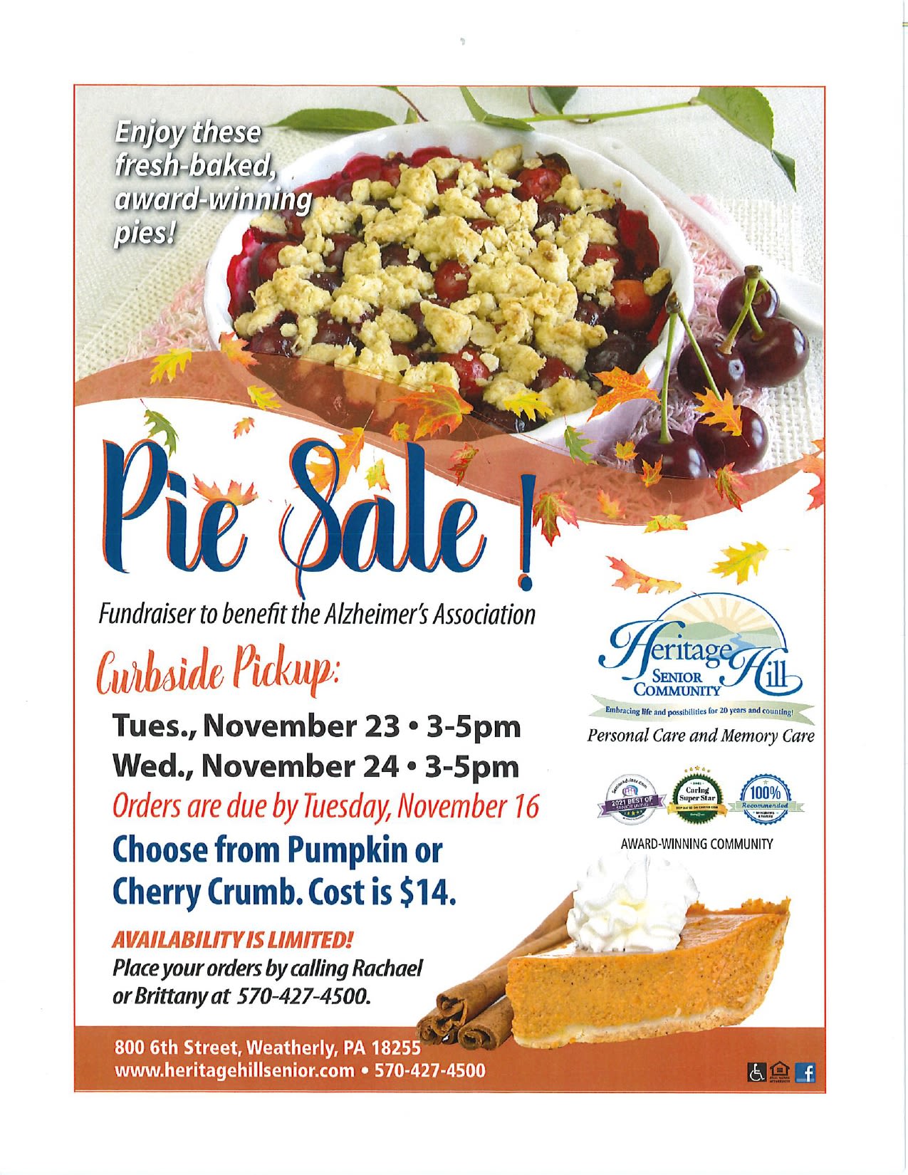 Pie sale flyer for Heritage Hill Senior Community