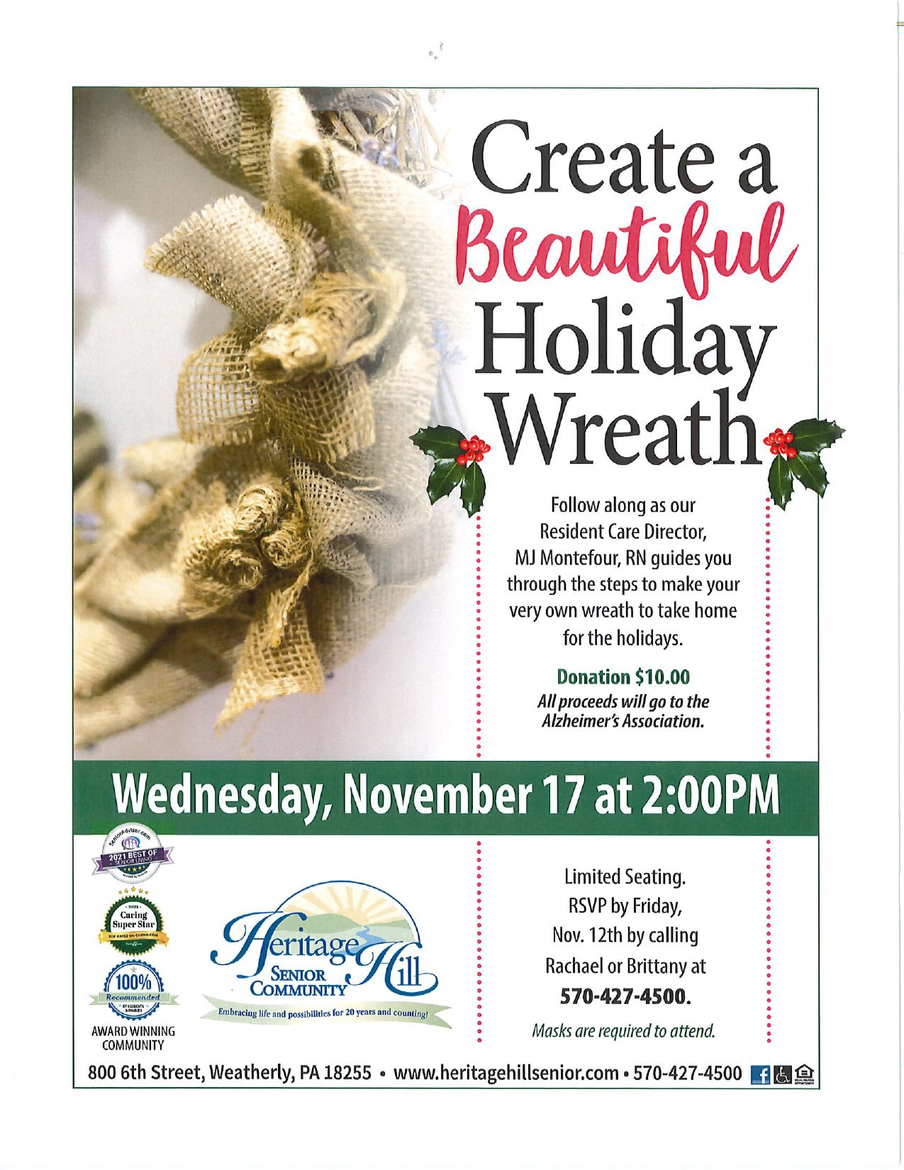 Create a wreath flyer for Heritage Hill Senior Community
