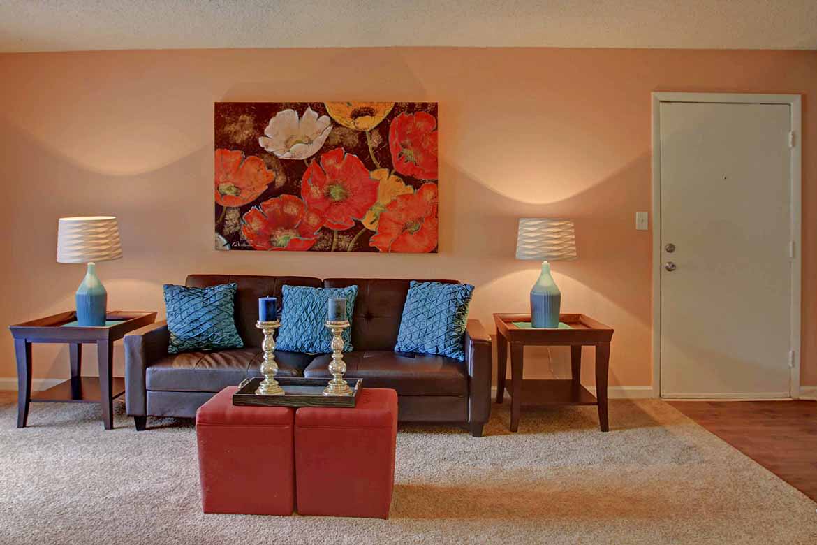 Colorful model living room at Galleria Courtyards in Smyrna, Georgia