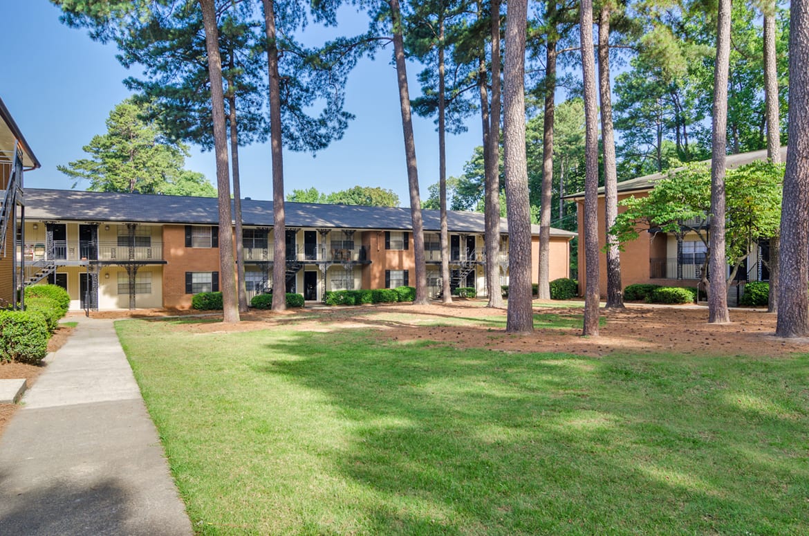 Lawn and path outside of Galleria Courtyards in Smyrna, Georgia