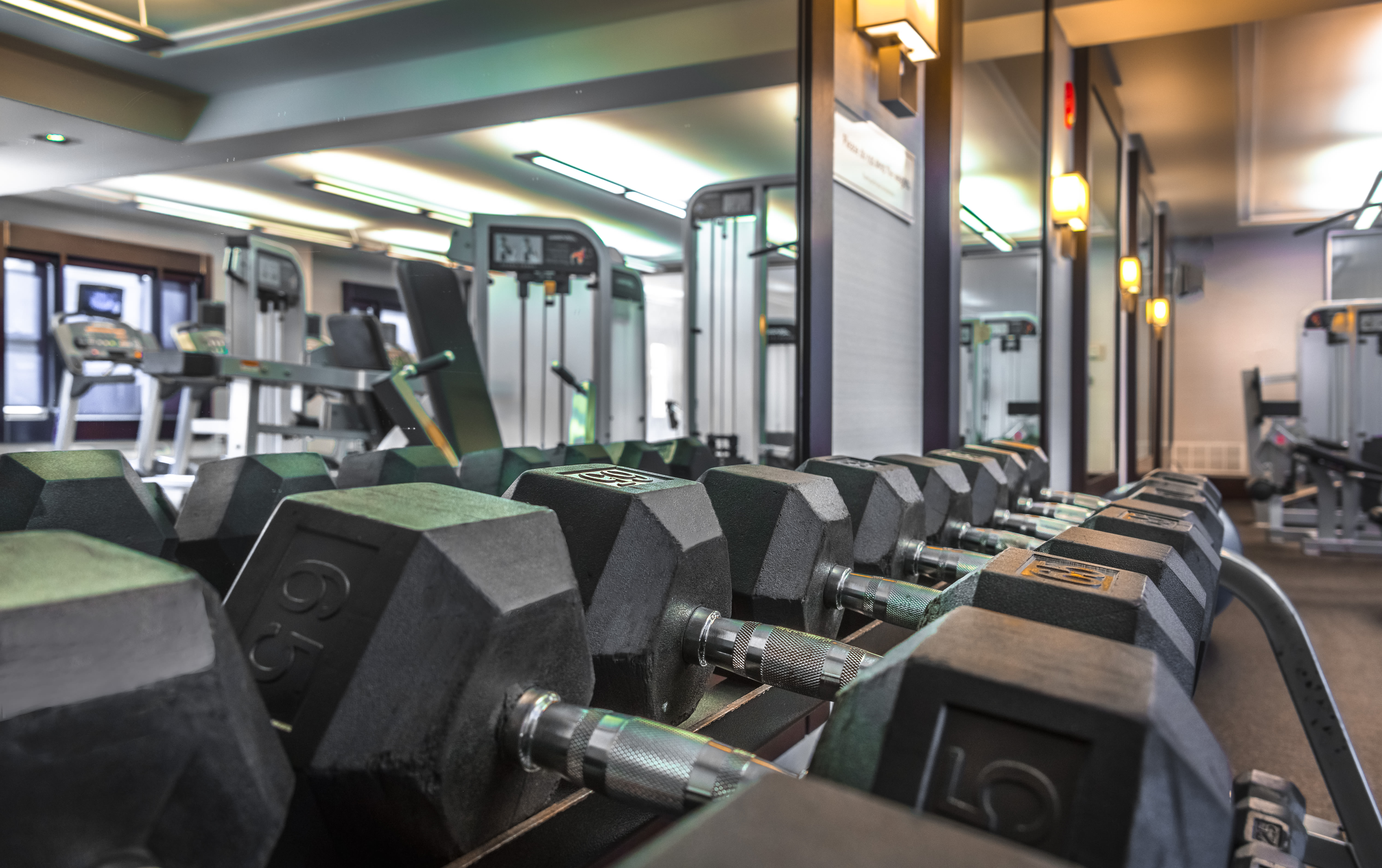 Rack of weights at 55 Riverwalk Place in West New York, New Jersey