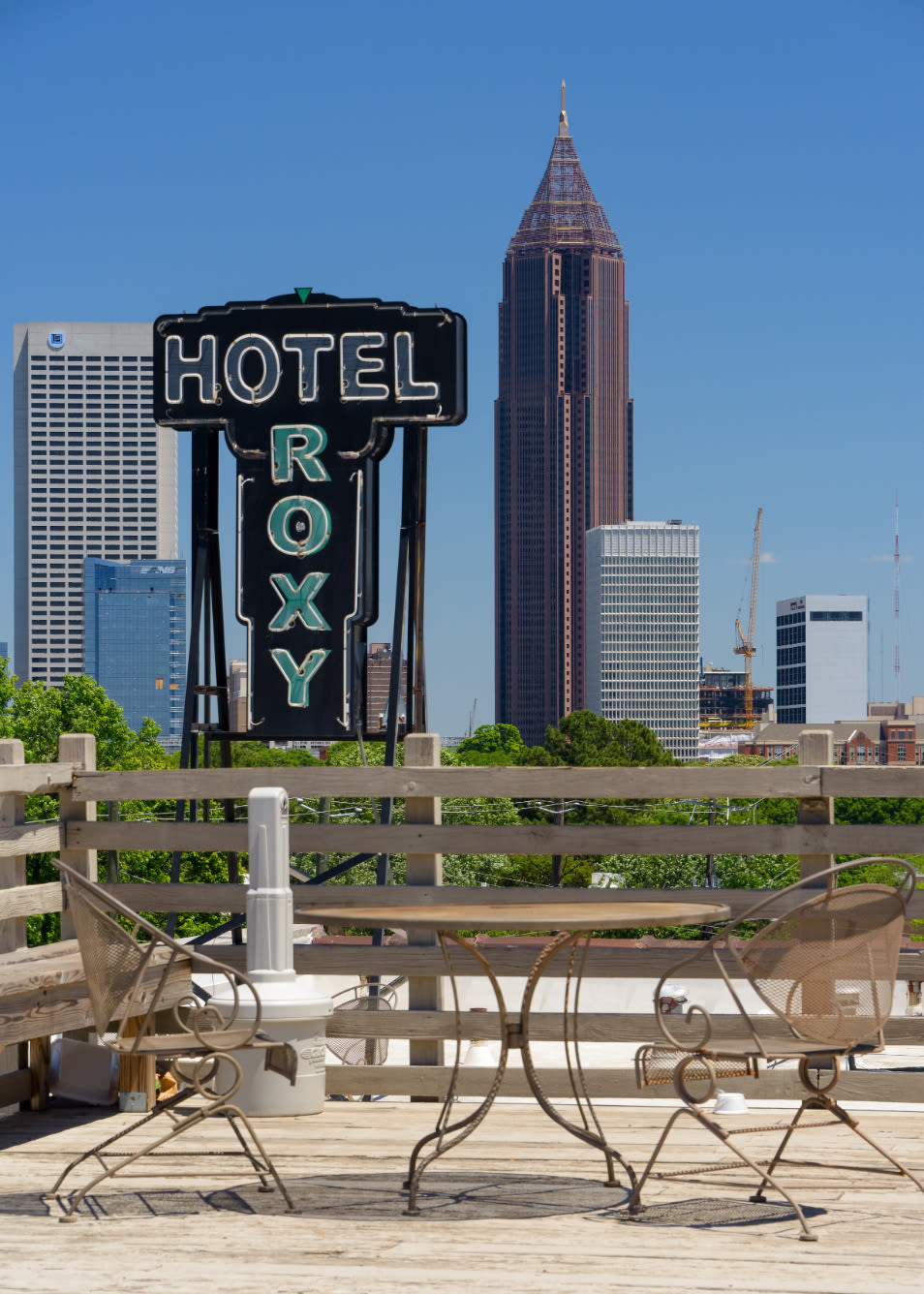 Rooftop deck with skyline view at Hotel Roxy Lofts in Atlanta, Georgia