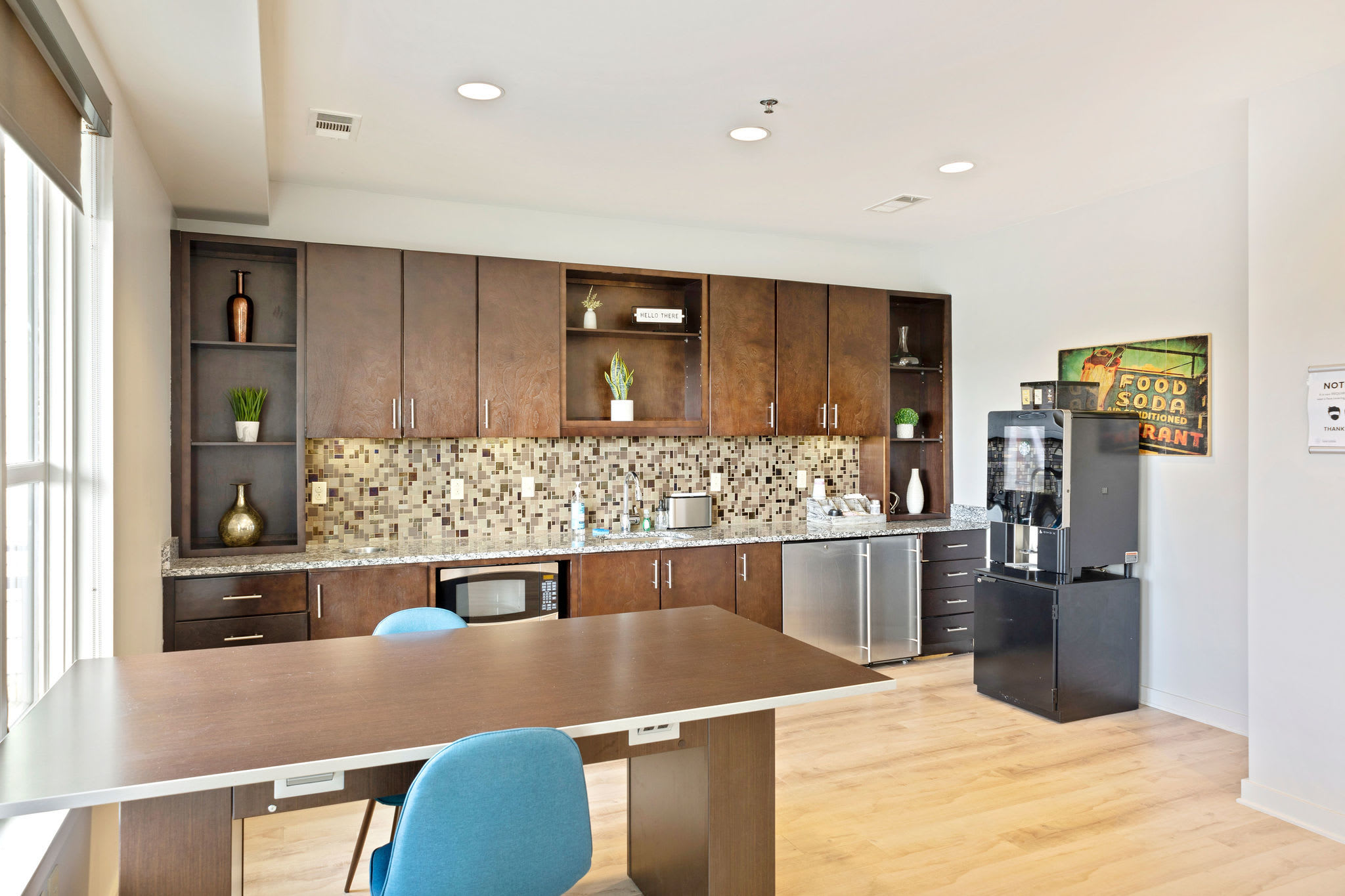 Community kitchen at 12 South Apartments in Nashville, Tennessee