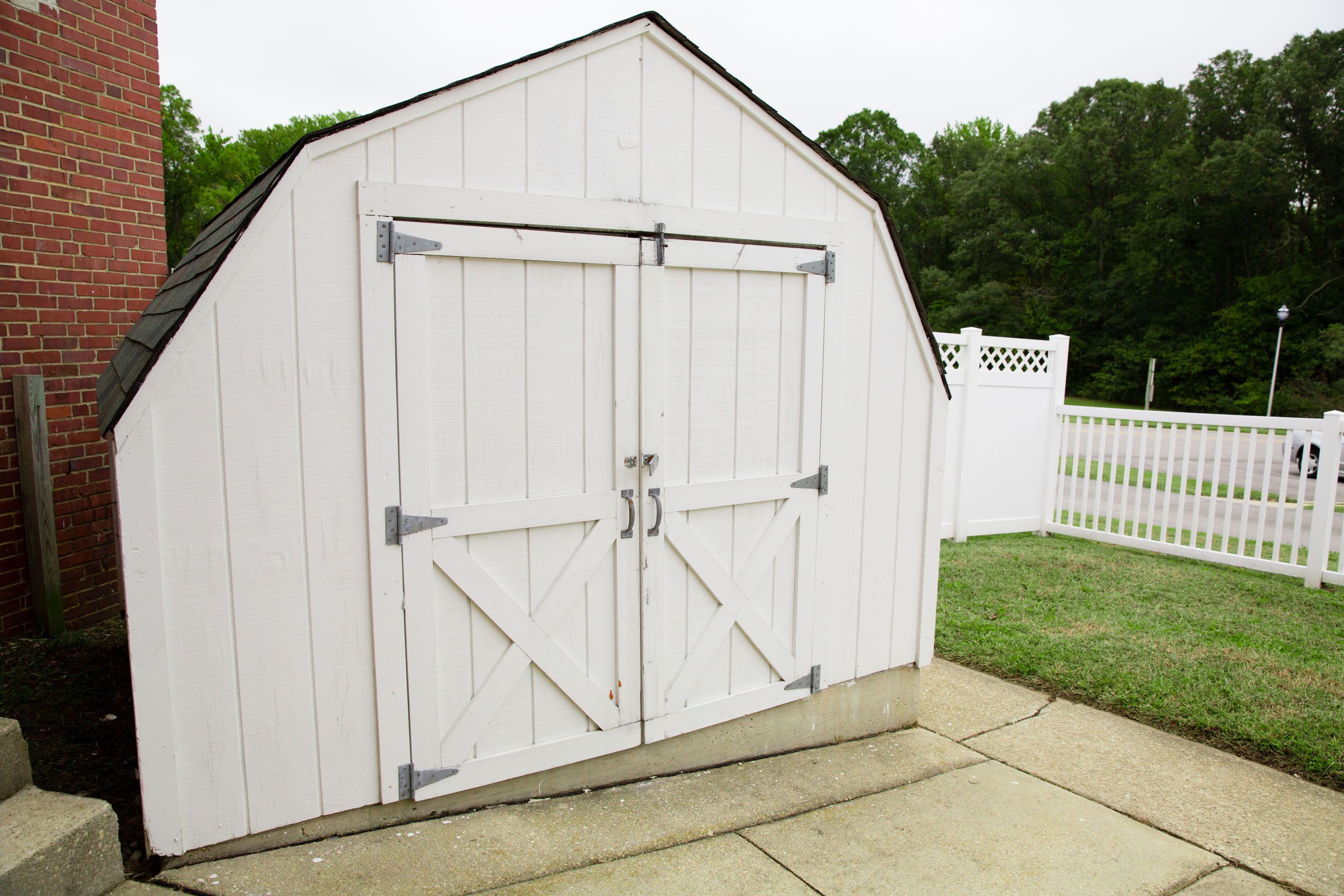 A storage shed in the backyard of a home at Carpenter Park in Patuxent River, Maryland
