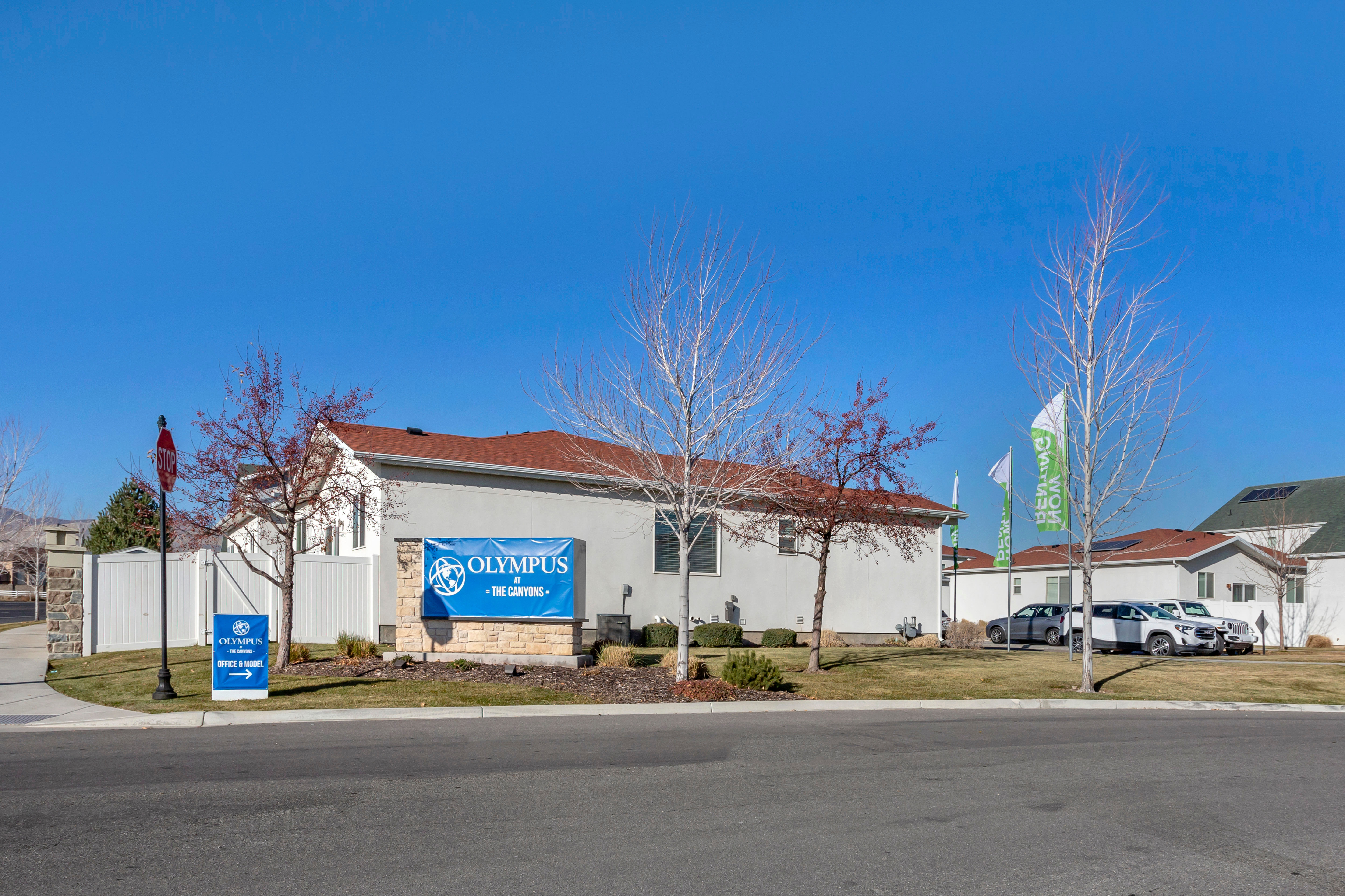 Beautifully landscaped community at Olympus at the Canyons in Herriman, Utah