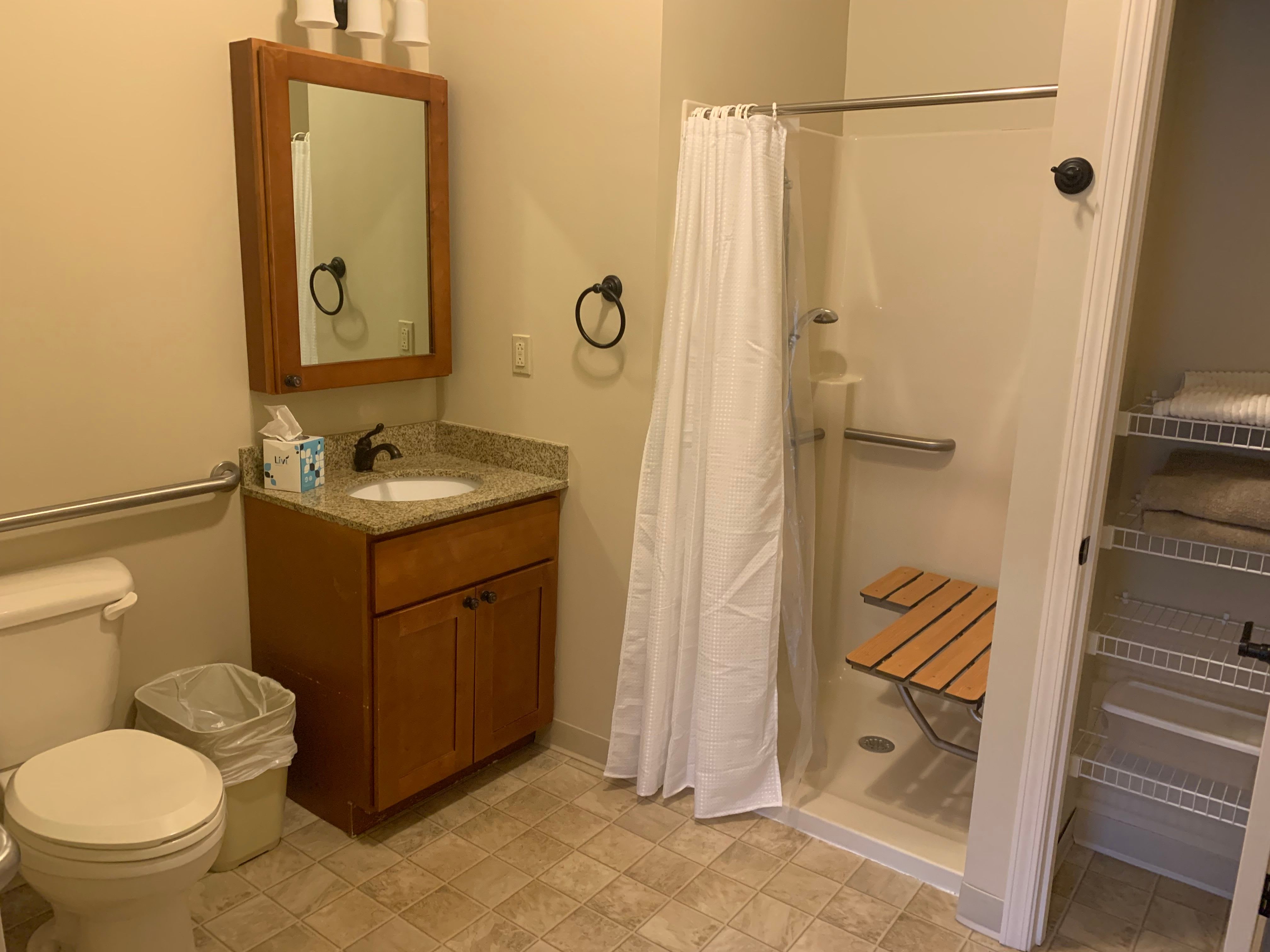 Bathroom with a standing shower in an apartment at The Hearth at Hendersonville in Hendersonville, Tennessee