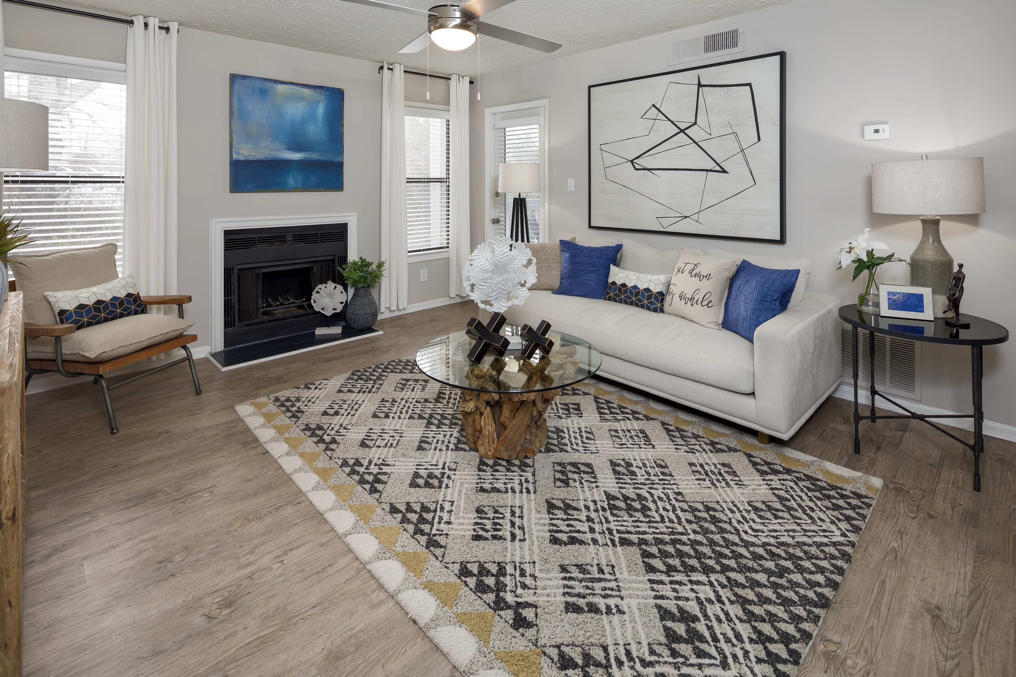 Model unit living room at The Everette at East Cobb in Marietta, Georgia
