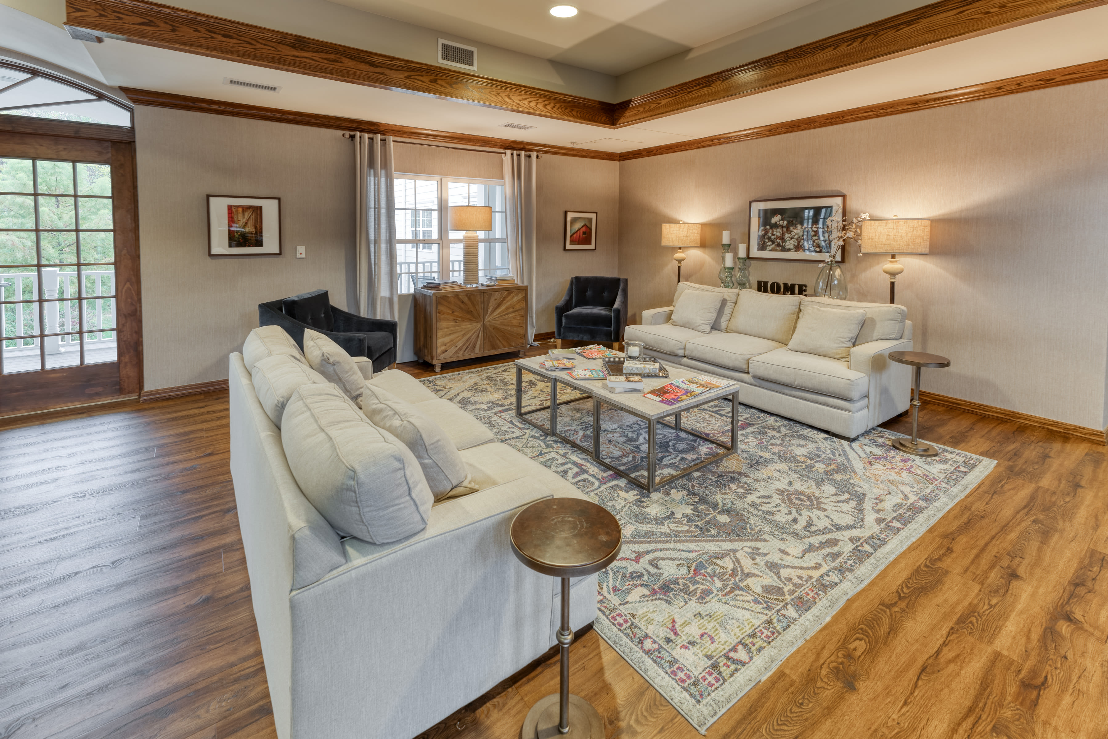 Lounge with large plush couches at Addington Place of Shiloh in Shiloh, Illinois