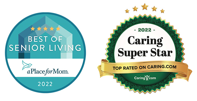 Caring Super Star 2022 logo and Senioradvisor.com best of 2022 senior living award badges