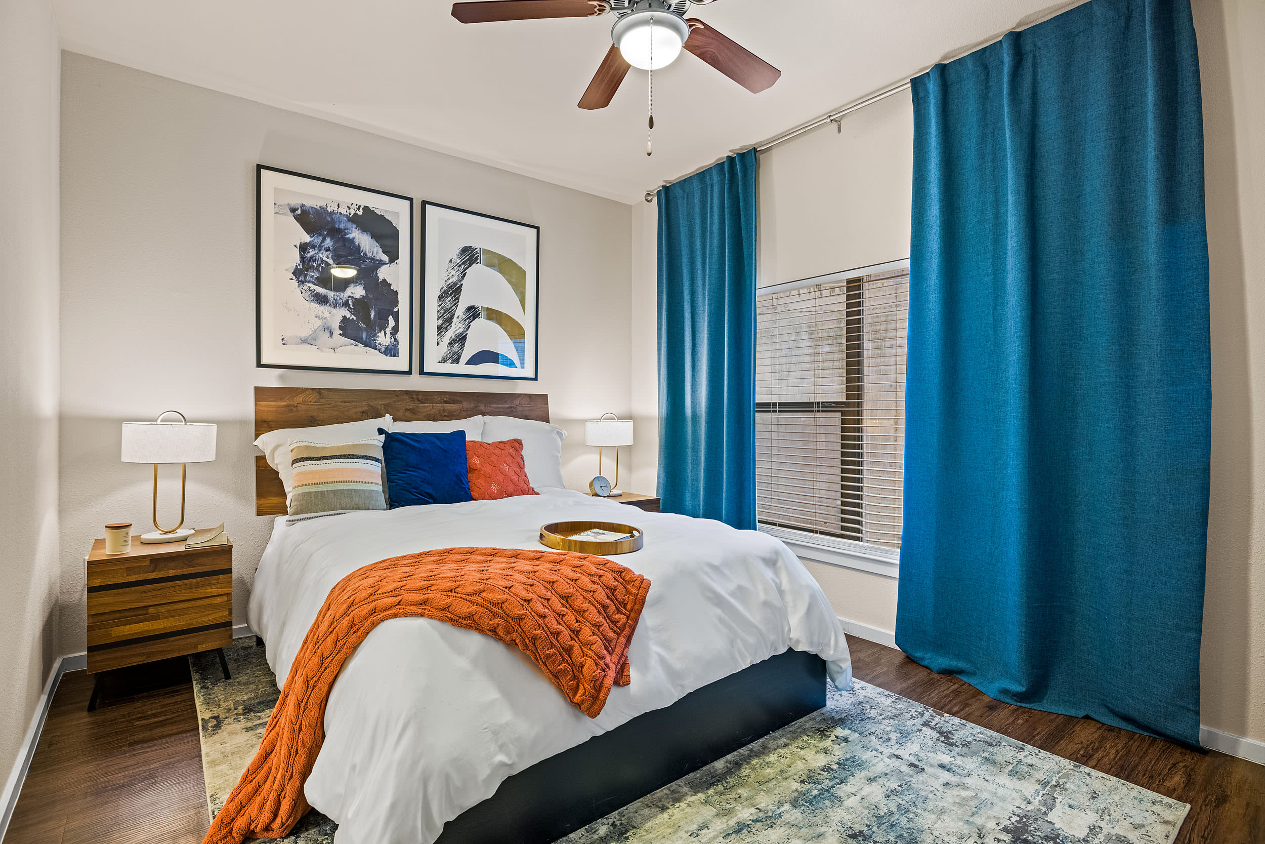 Bright bedroom at Marquis SoCo in Austin, Texas