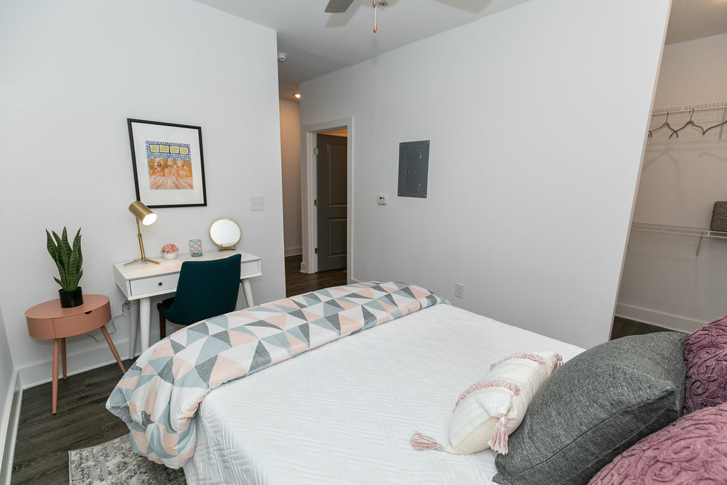 Comfy furnished bedroom at Block Lofts in Atlanta, GA