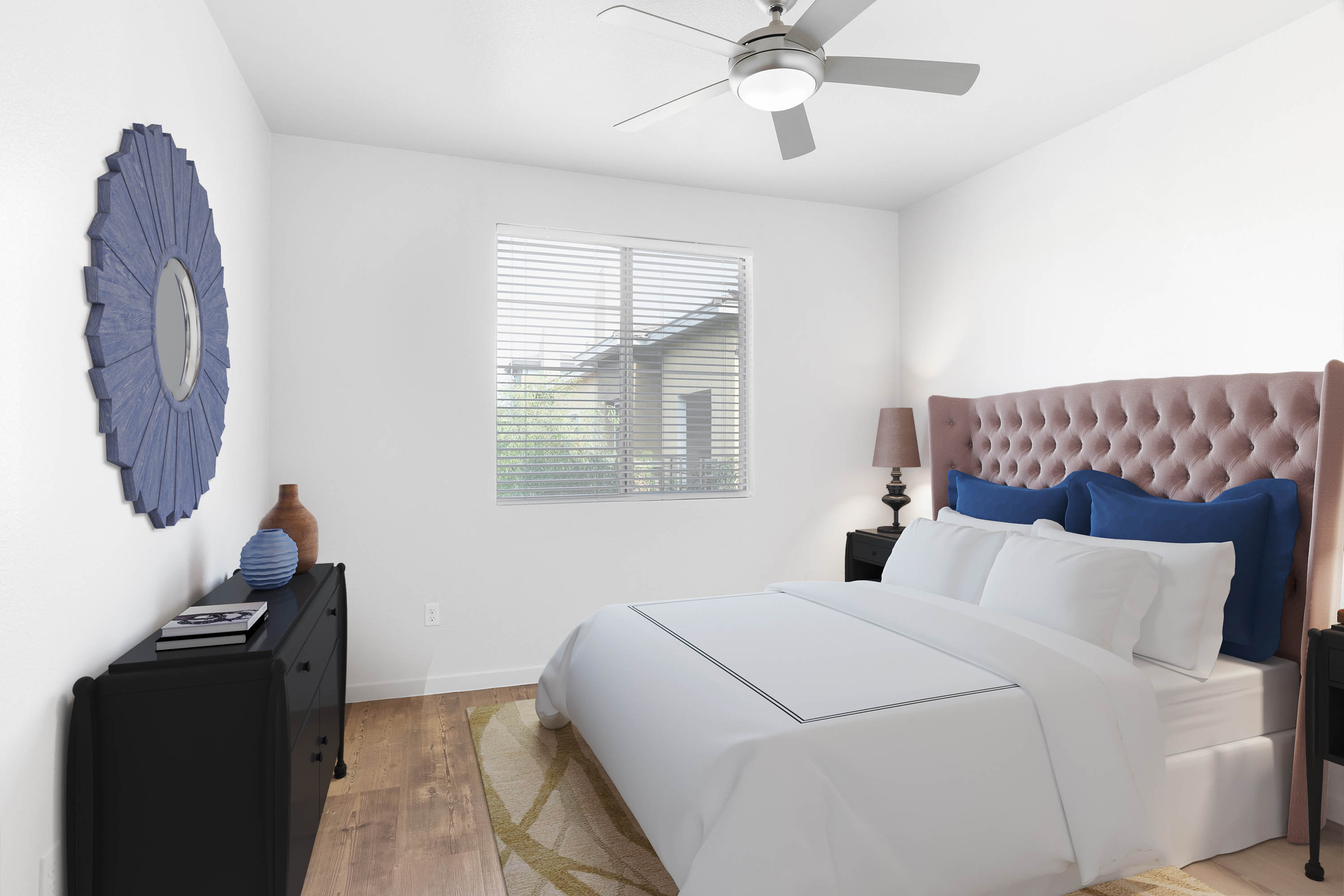 Windows and a ceiling fan in a model home's primary bedroom at Vistara at SanTan Village in Gilbert, Arizona