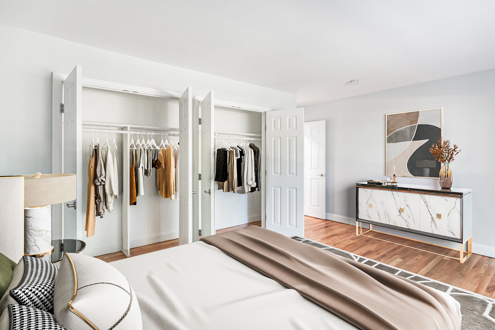 Two closets in bedroom at Eagle Rock Apartments at Nesconset in Nesconset, New York
