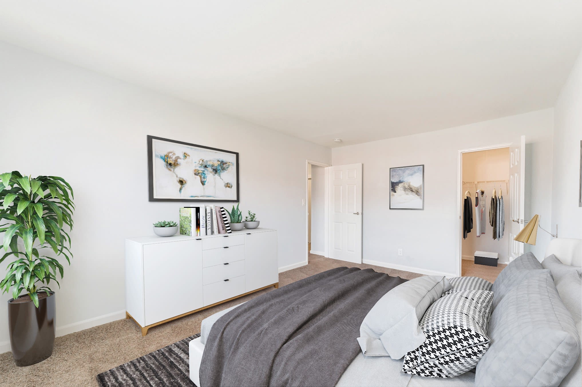 Carpeted master bedroom at Mid Island Apartments Bay Shore, New York