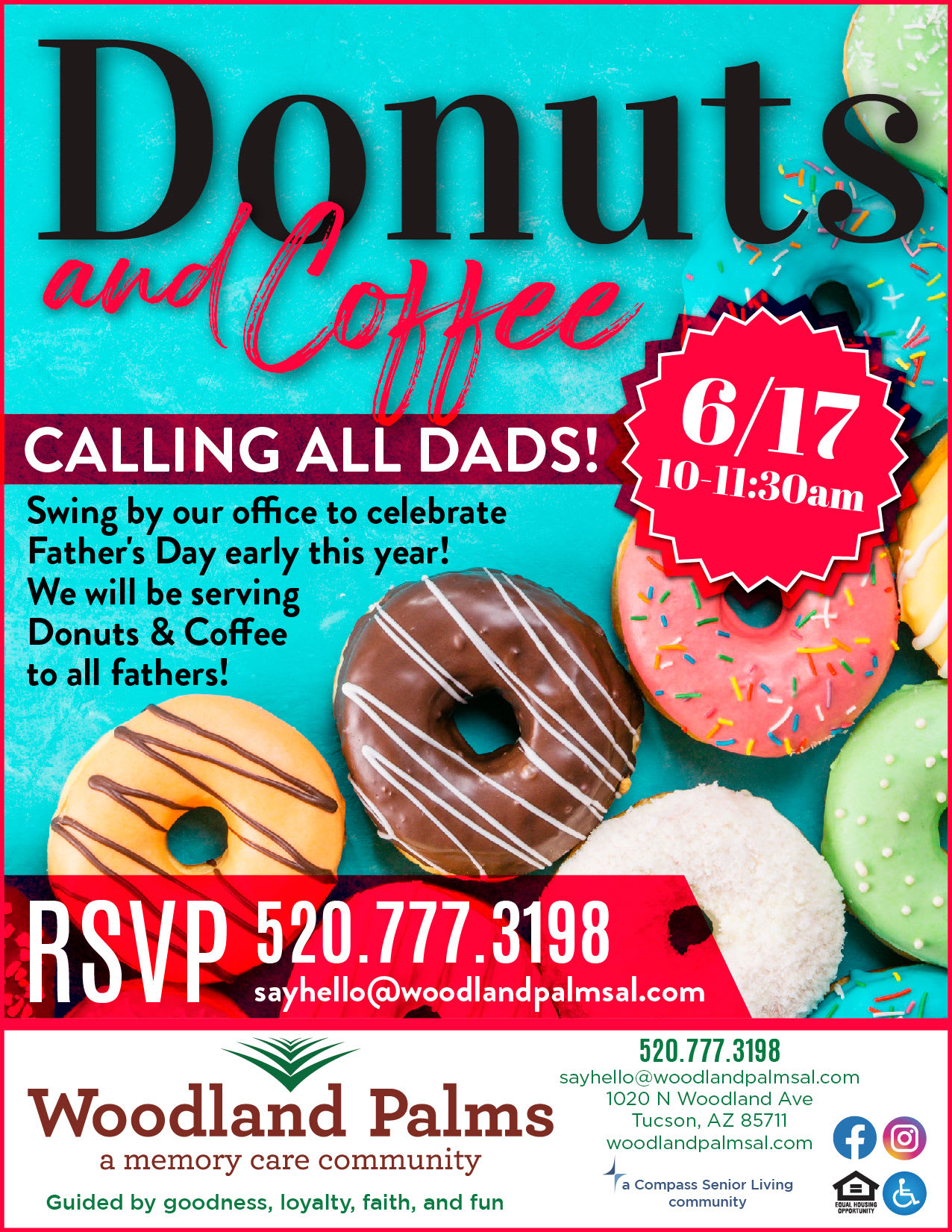 donuts flyer at Woodland Palms Memory Care in Tucson, Arizona. 