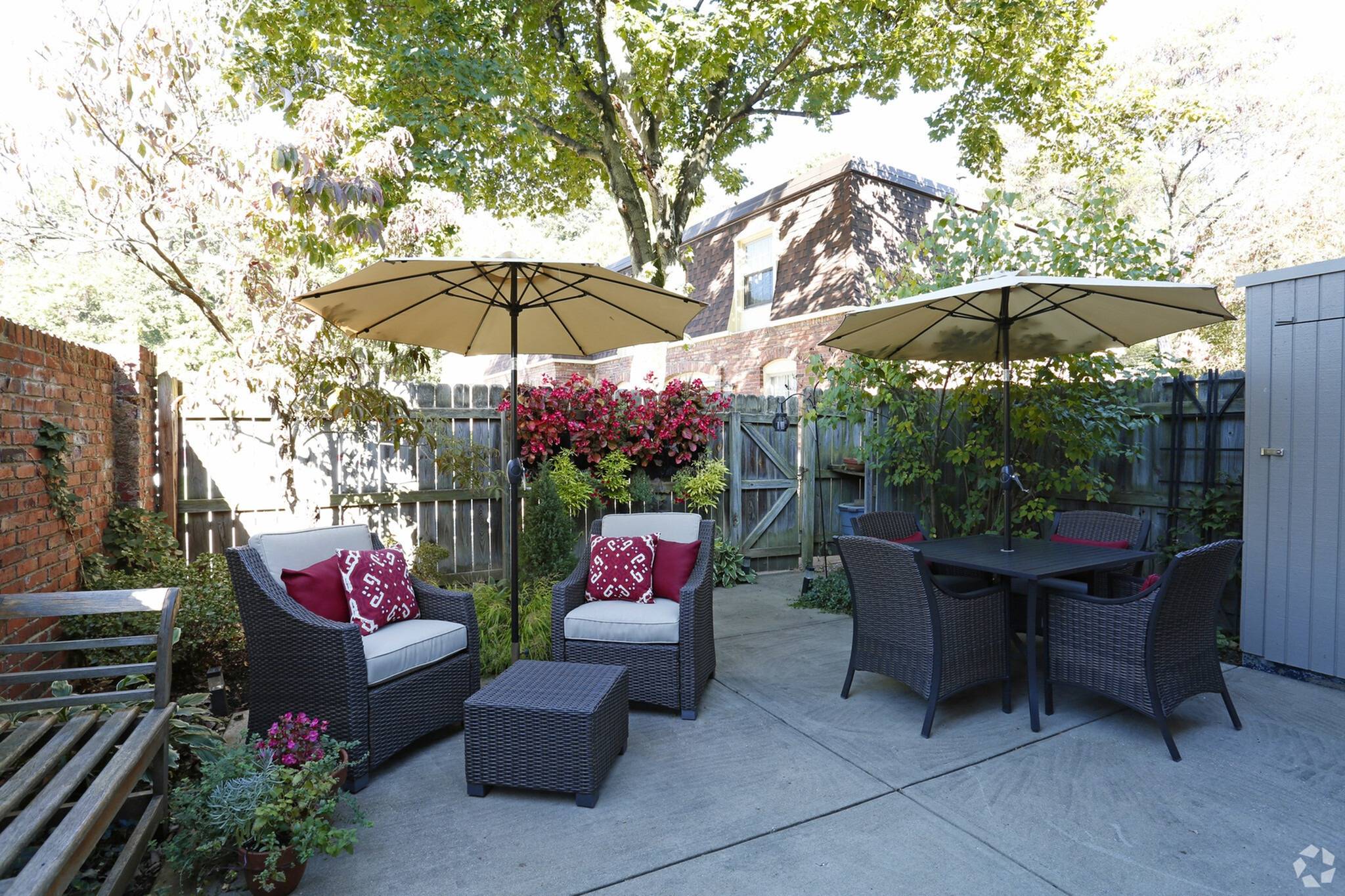 Back patio with chairs and shade at {location_name}}, Pittsburgh, Pennsylvania