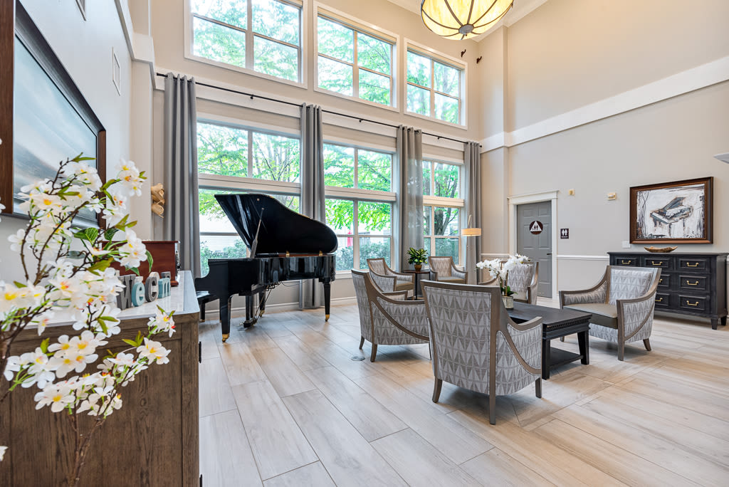 A piano in the community center at Kenmore Senior Living in Kenmore, Washington
