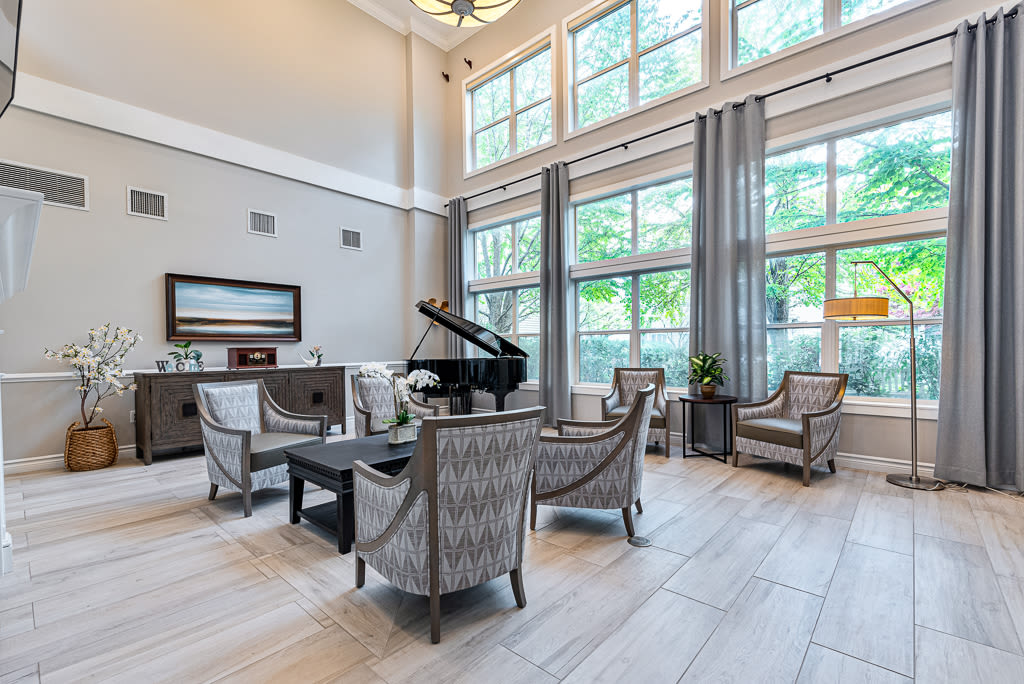 Large windows in the community center at Kenmore Senior Living in Kenmore, Washington