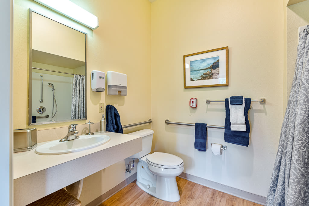 A handicap friendly bathroom at Kenmore Senior Living in Kenmore, Washington