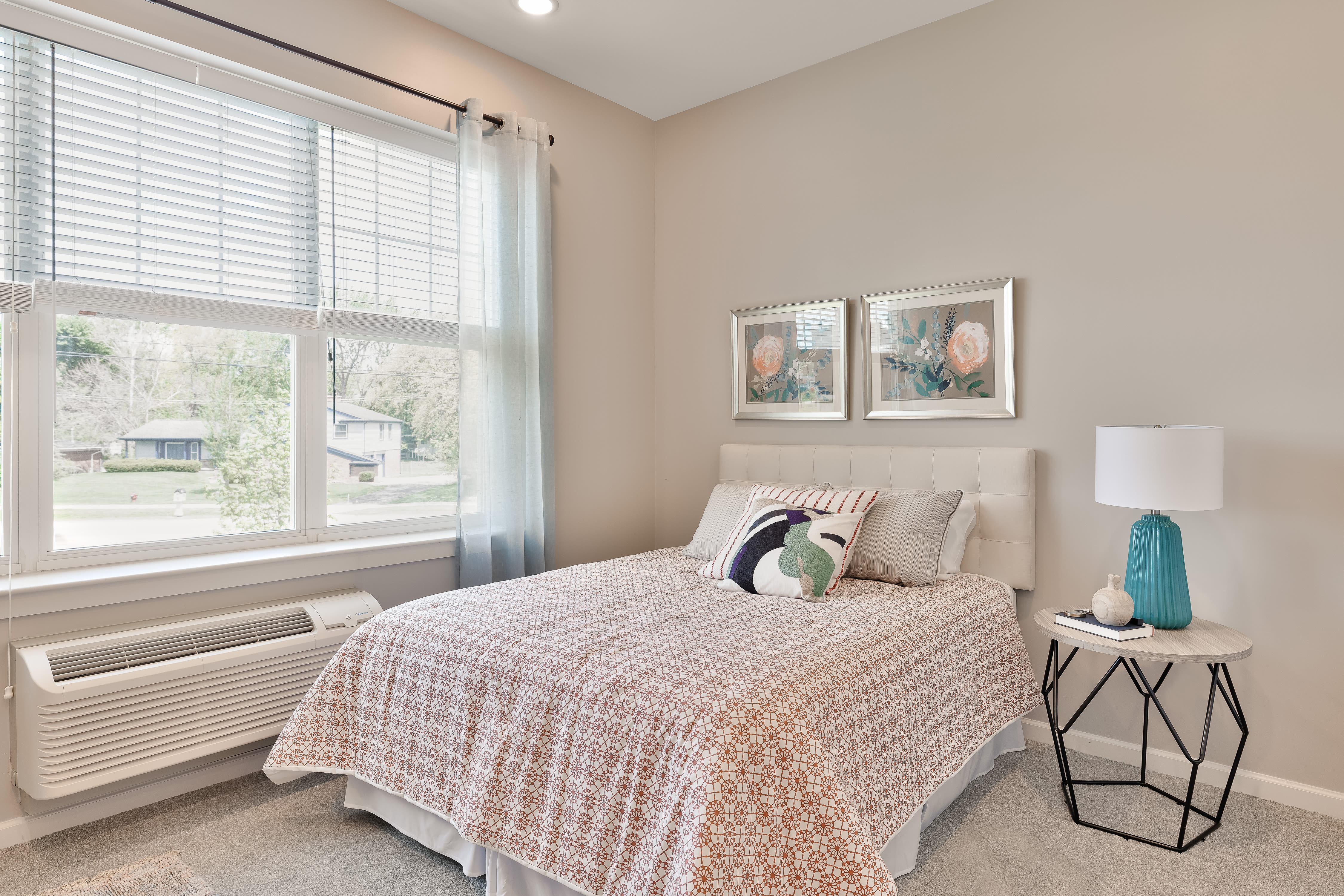 Bedroom in a model apartment at Anthology of Farmington Hills in Farmington Hills, Michigan