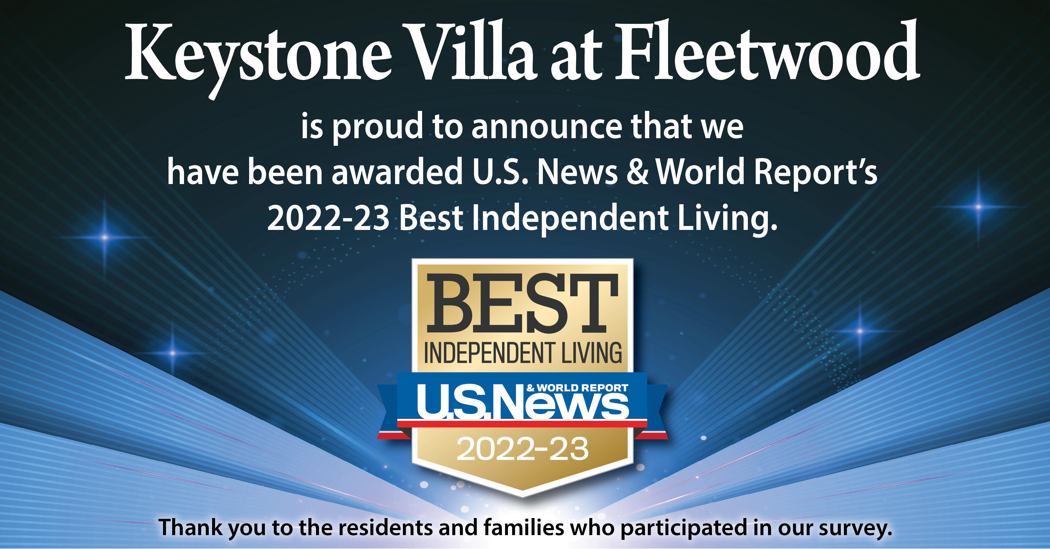US News Best Senior Living Award 2022 for Keystone Villa at Fleetwood