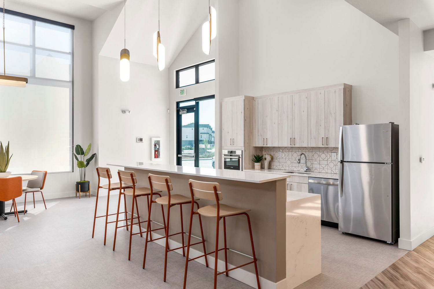 Community kitchen area at The Kelton Apartments in American Fork, Utah