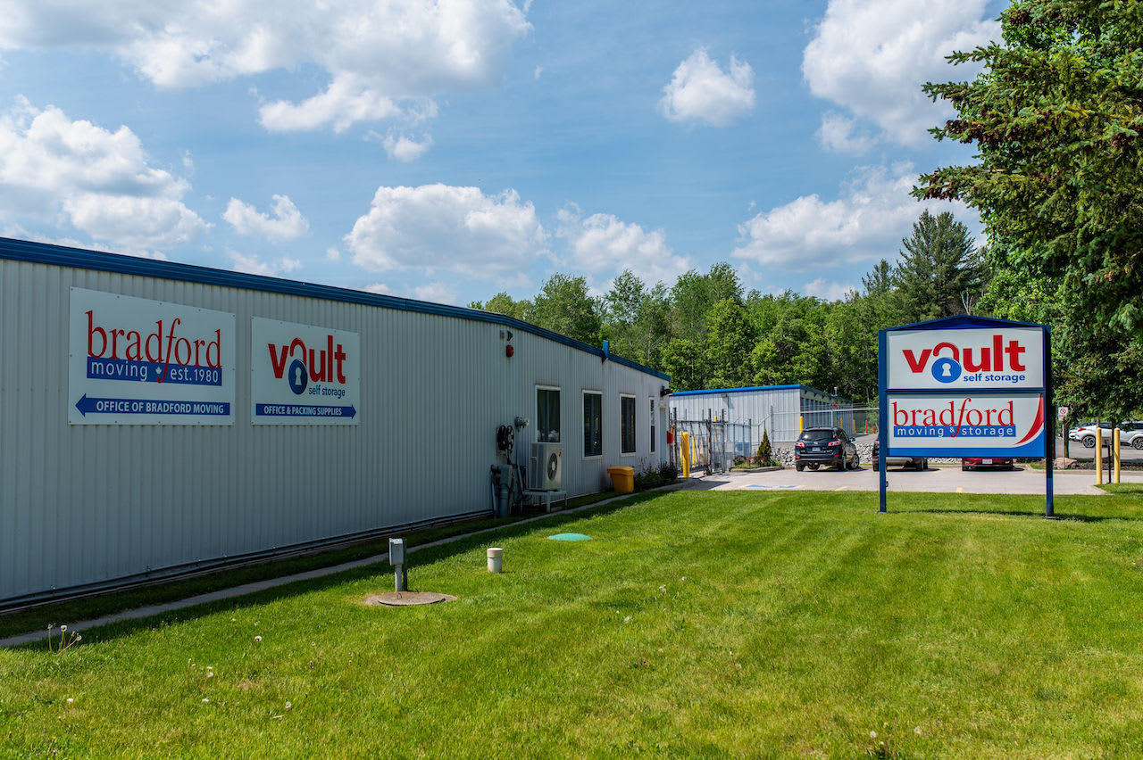 Office and outdoor storage units at Vault Self Storage - Bradford in Holland Landing, Ontario