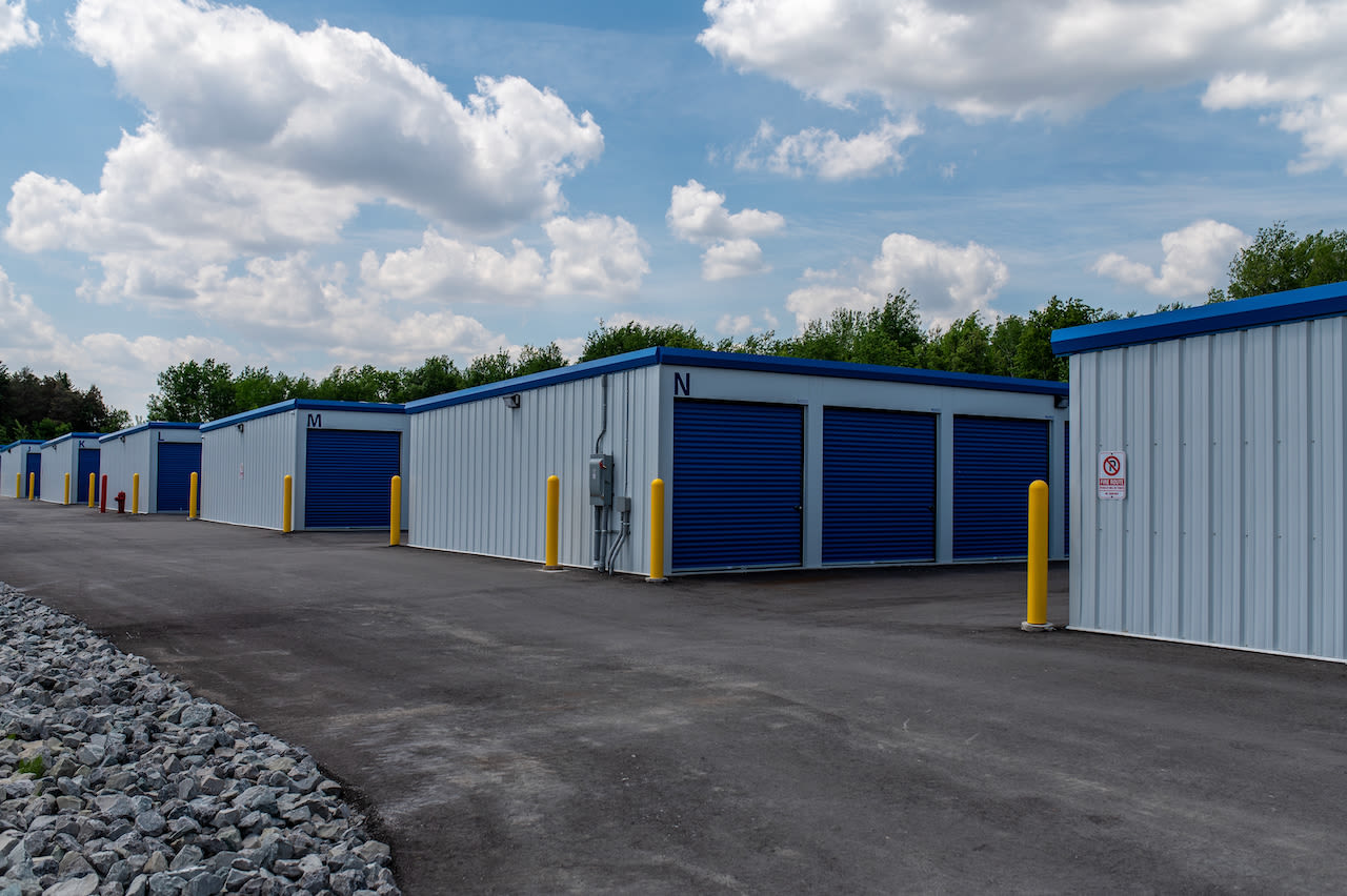 Outdoor drive-up access storage units at Vault Self Storage - Bradford in Holland Landing, Ontario