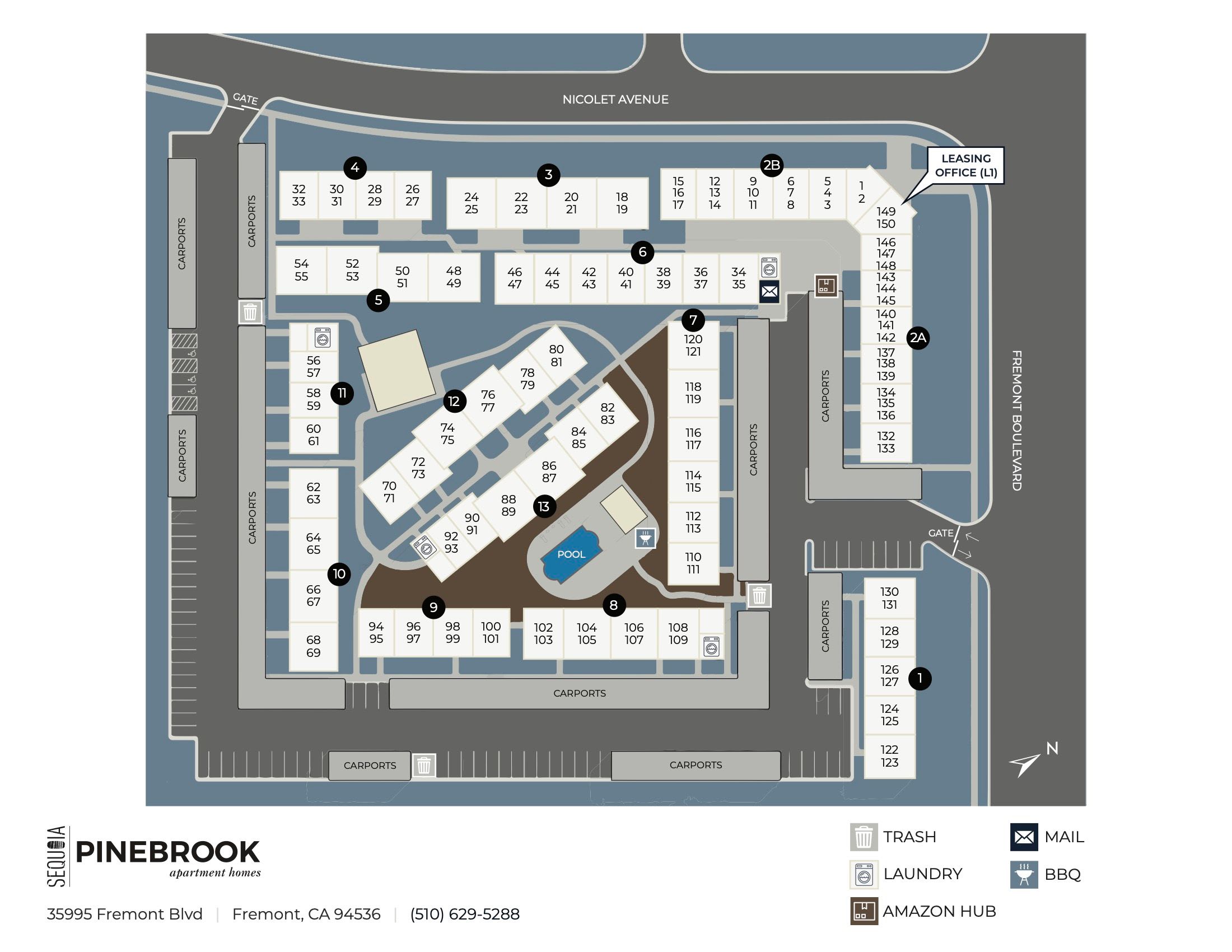 Community site map for Pinebrook Apartment Homes in Fremont, California