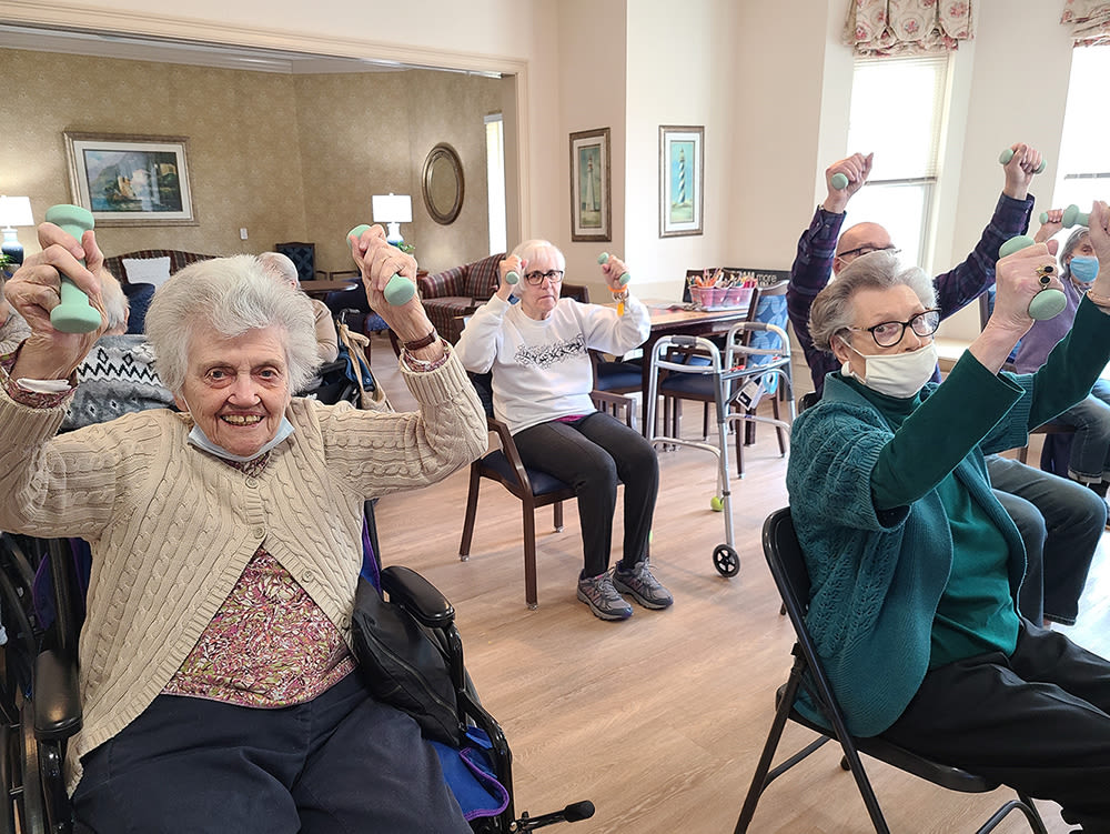 Residents exercising at The Hearth at Tuxis Pond