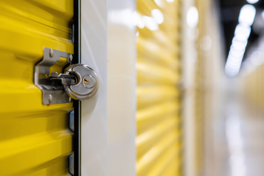 Yellow storage unit doors at Apple Self Storage - Leamington in Leamington, Ontario